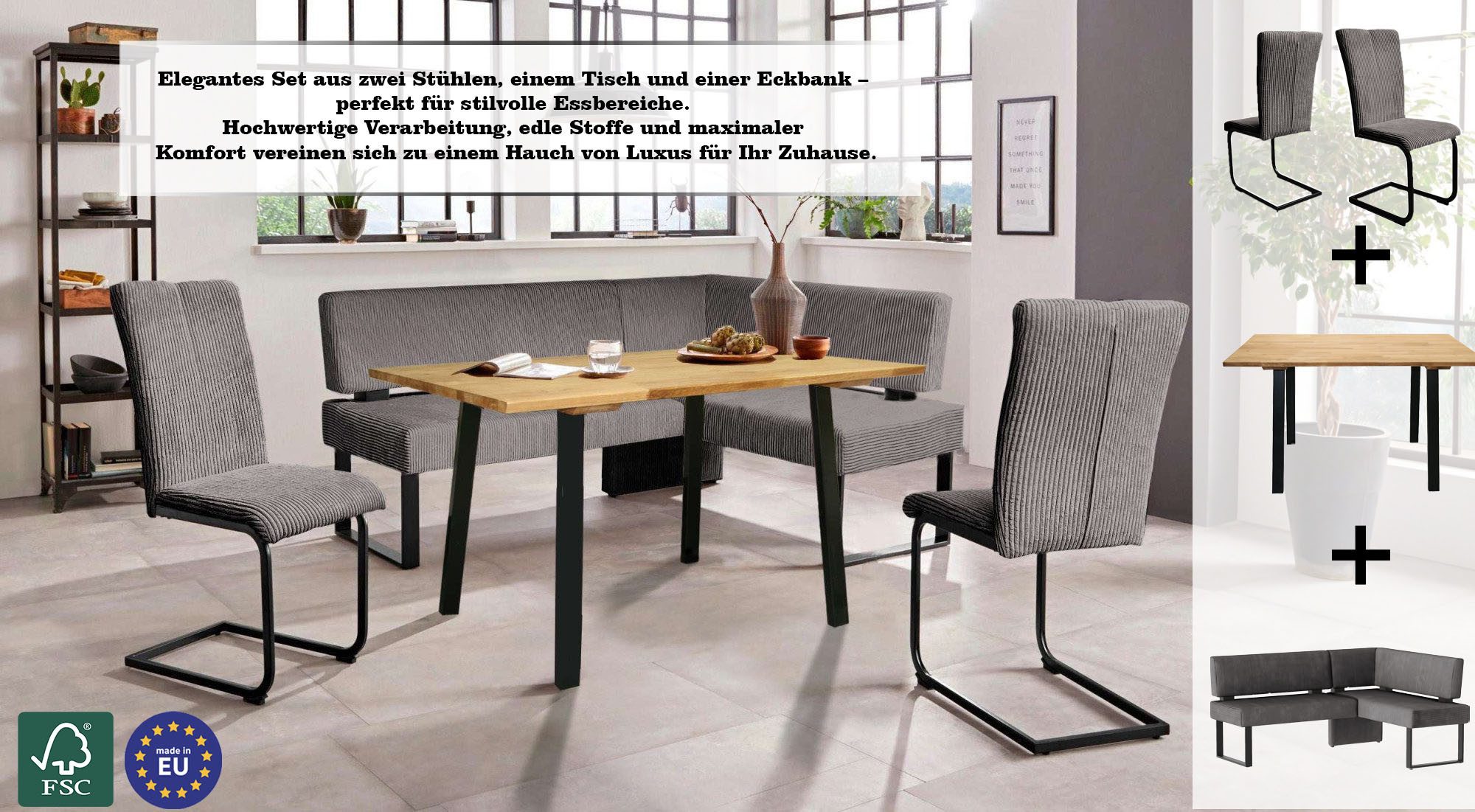 Home affaire Eethoek Oliver Hoekbank met golfvering in de zitting, tafel massief eiken (set, 4-delig)