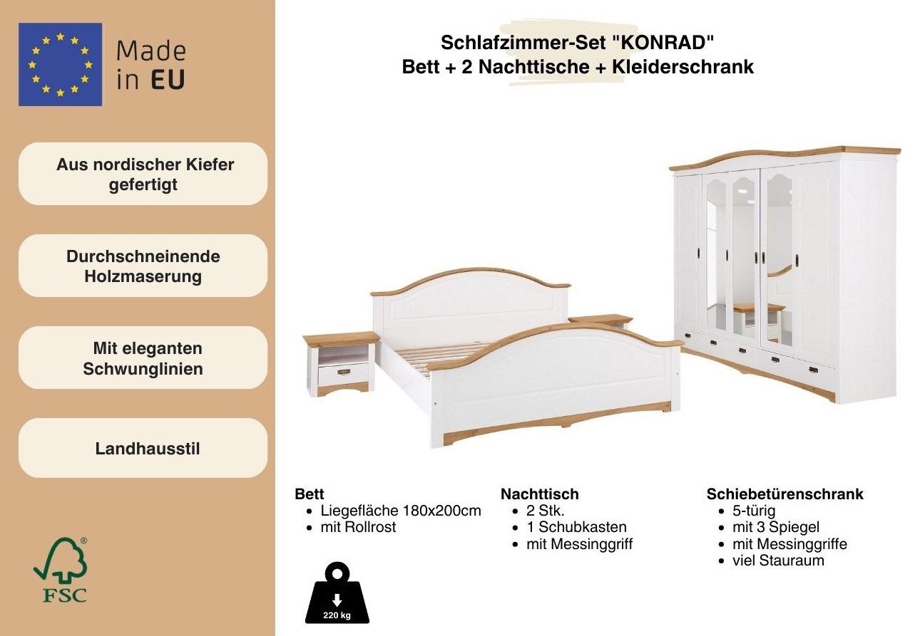 Home affaire Slaapkamerserie "Konrad", complete slaapkamerset met grote kast met 5-deurs kledingkast, bed 180x200 cm en 2 nachtkastjes (set, 4-delig)