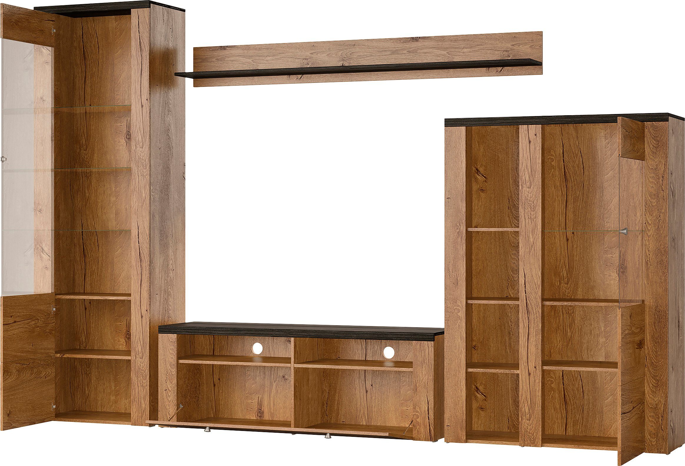 Home affaire Wandmeubel Larona, aanbouwwand, set van 4 delen bestaande uit 1 tv-board, 1 highboard, 1 vitrine, 1 wandplank (set, 4 stuks)