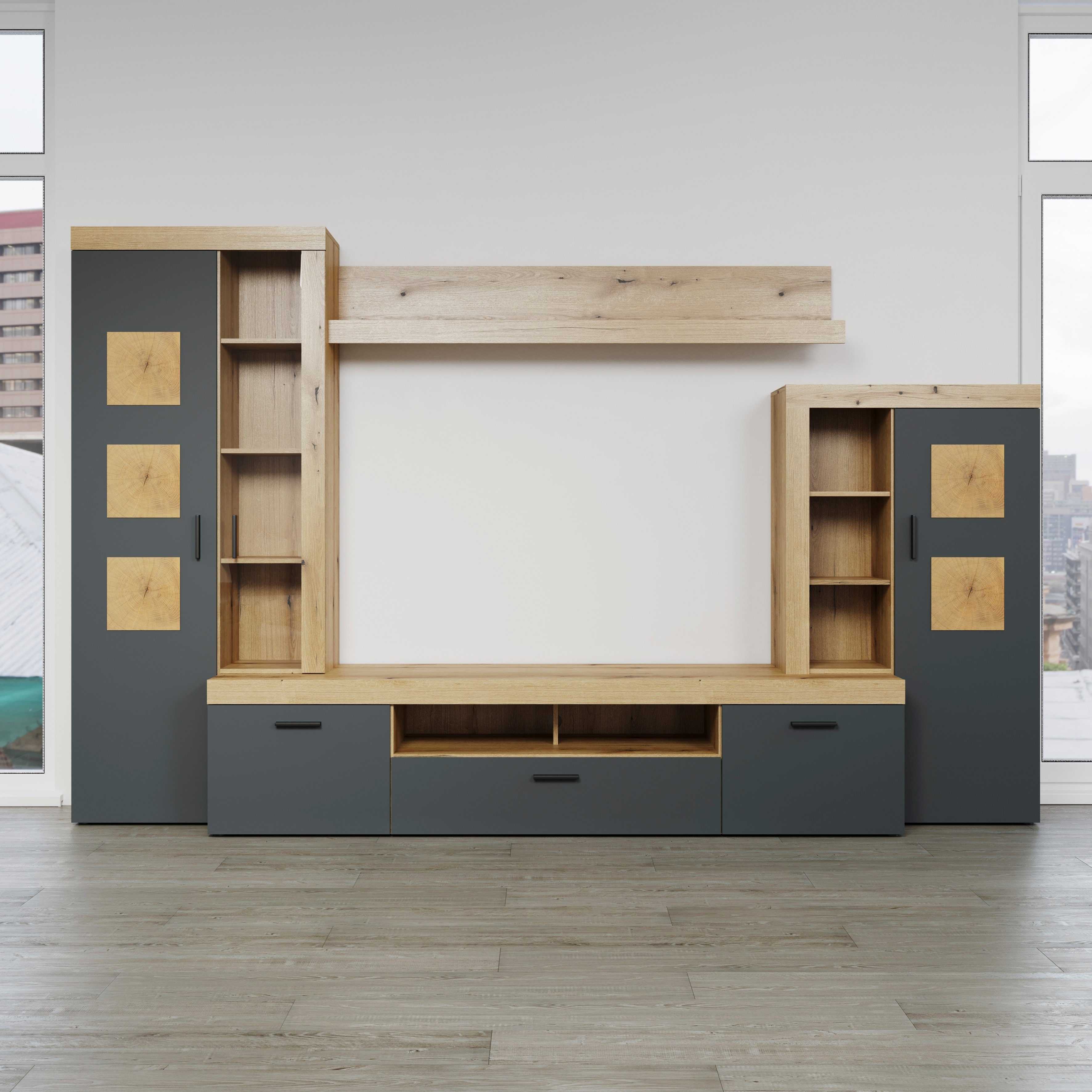 Home affaire Wandmeubel Gent Met applicaties van kopshout - gemonteerd (bxdxh): 331x52x206 cm (complete set, 4-delig)
