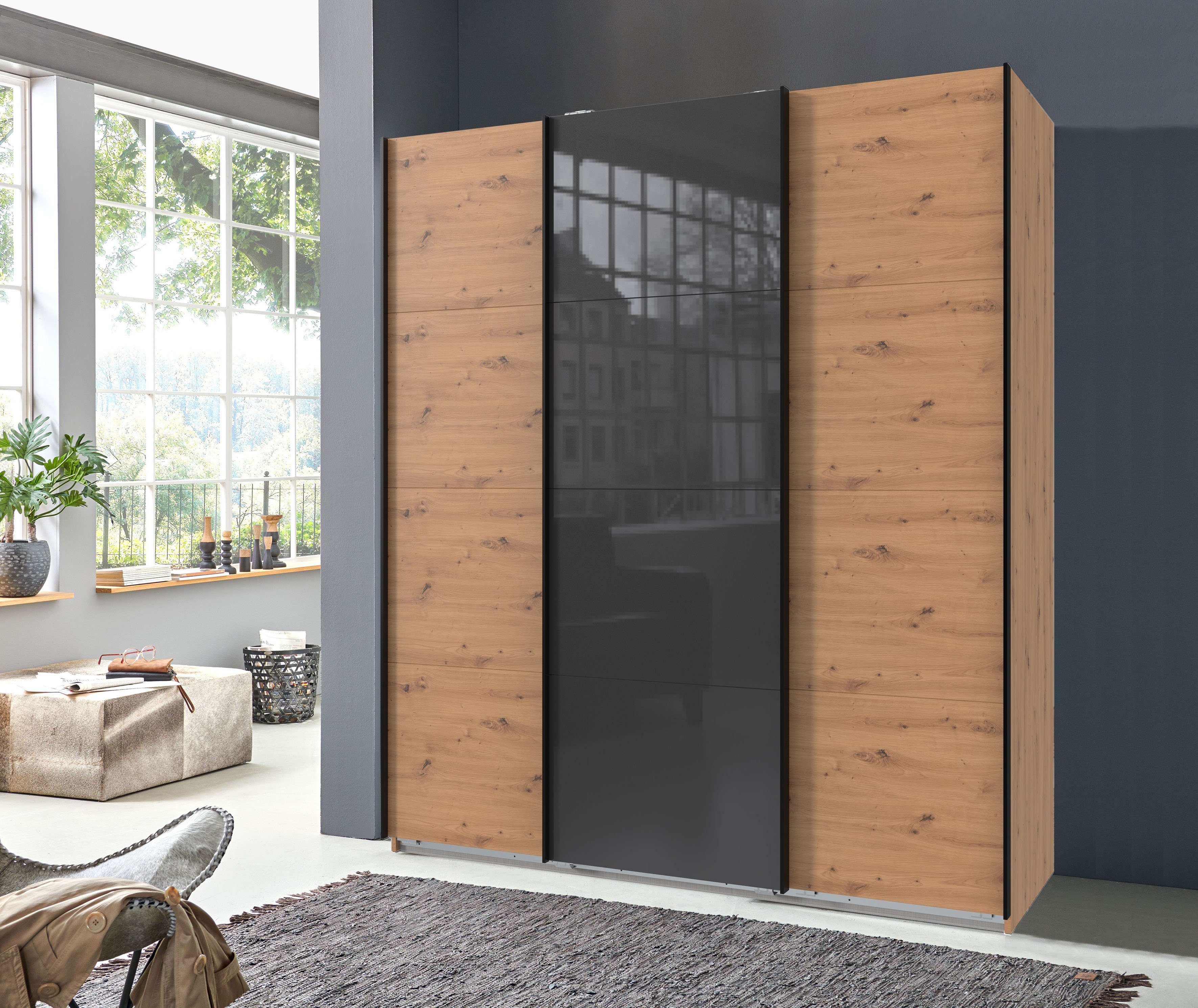 Wimex Zweefdeurkast Norderstedt Inclusief 2 stoffen dozen en 2 extra planken, met glasdeur