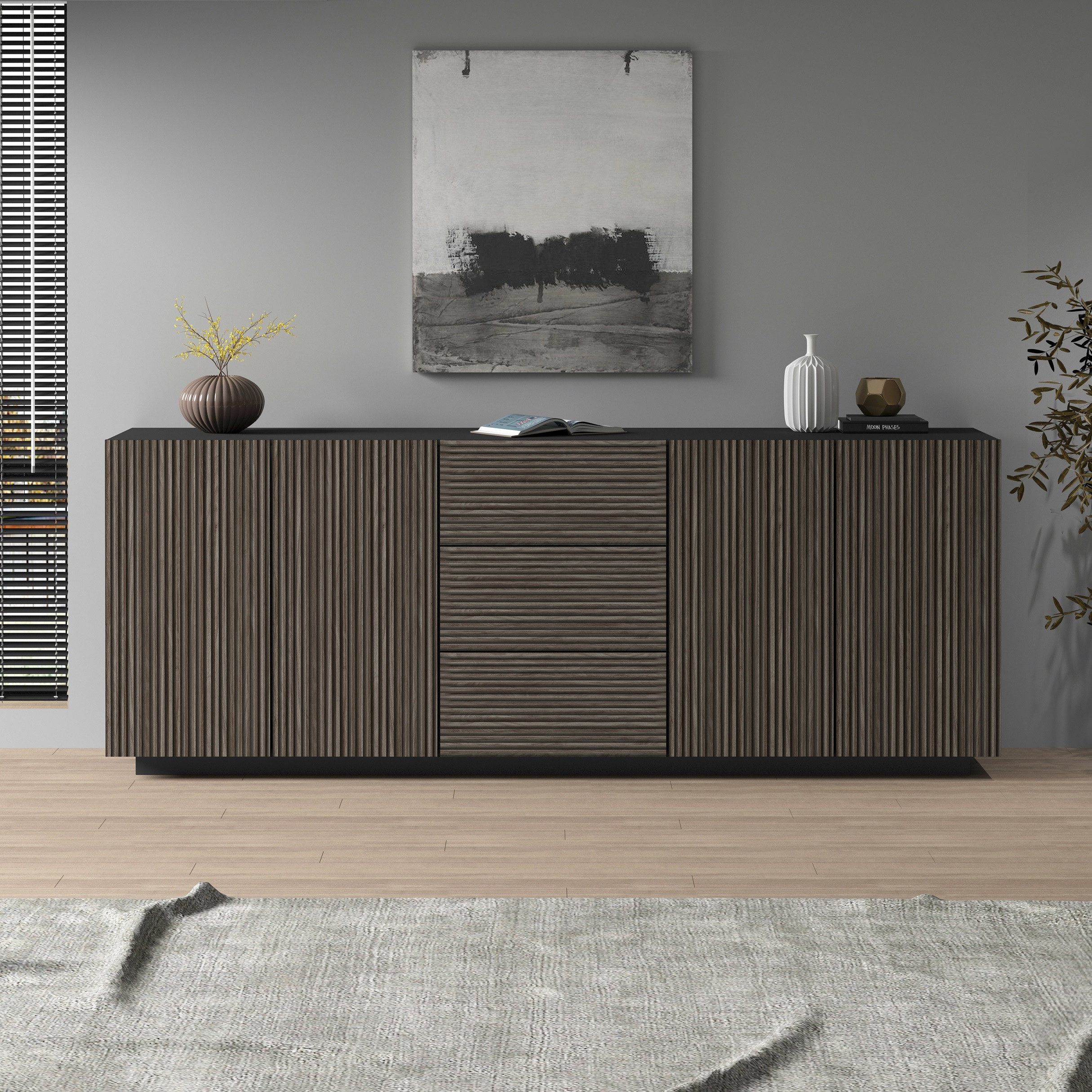 INOSIGN Dressoir Vega Sideboard, Ladekast, 220 cm met 4 deuren en 3 lades, fronten met groeflook