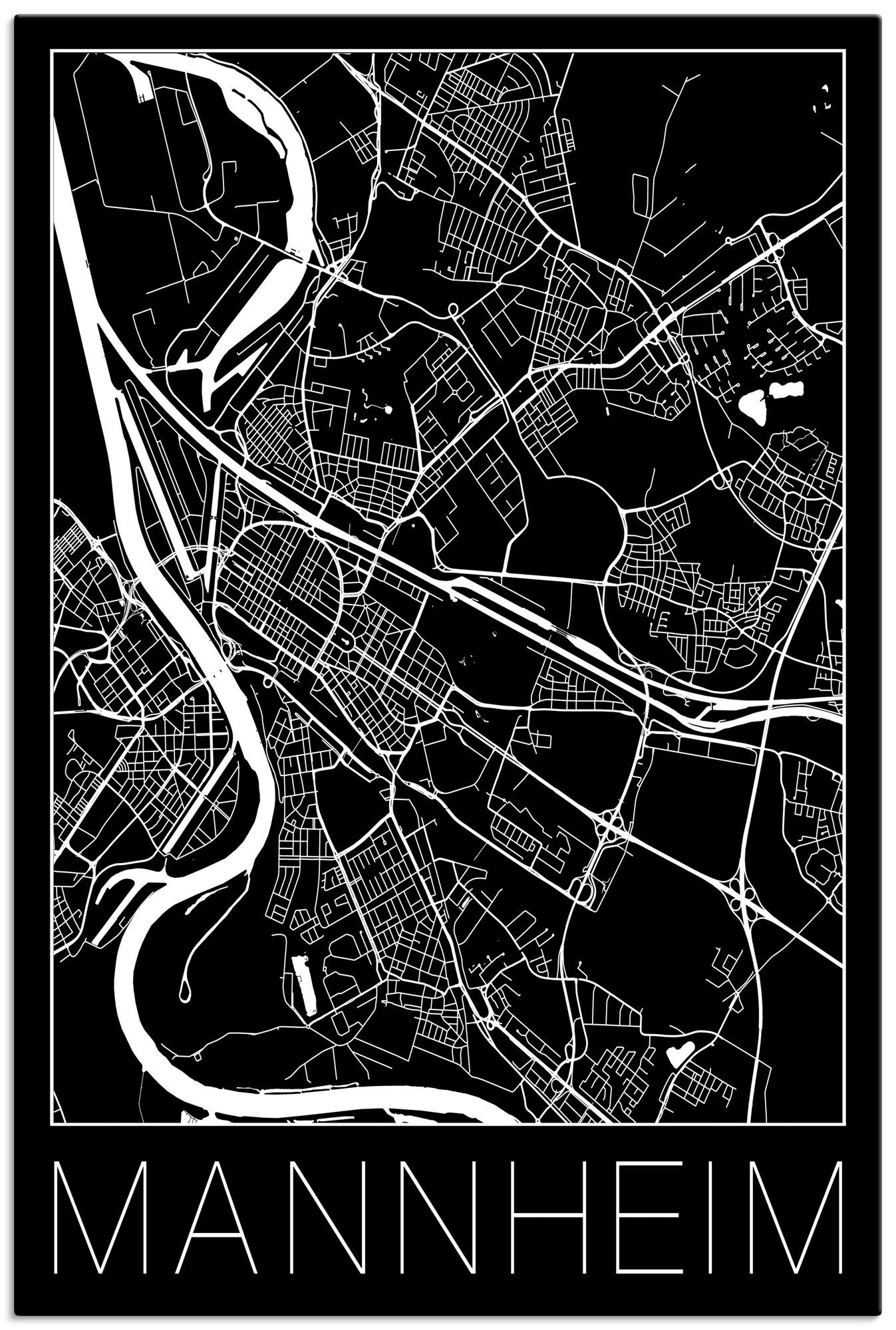 Artland Artprint Retro kaart Mannheim Duitsland zwart in vele afmetingen & productsoorten - artprint van aluminium / artprint voor buiten, artprint op linnen, poster, muursticker /