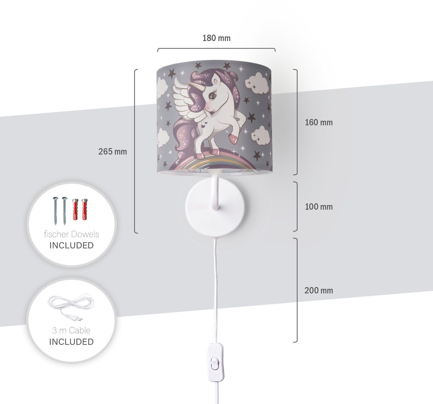 Paco Home Wandlamp Cosmo 213 Kinderlamp met âˆ…18cm eenhoorn regenboog kabellengte 3m E14