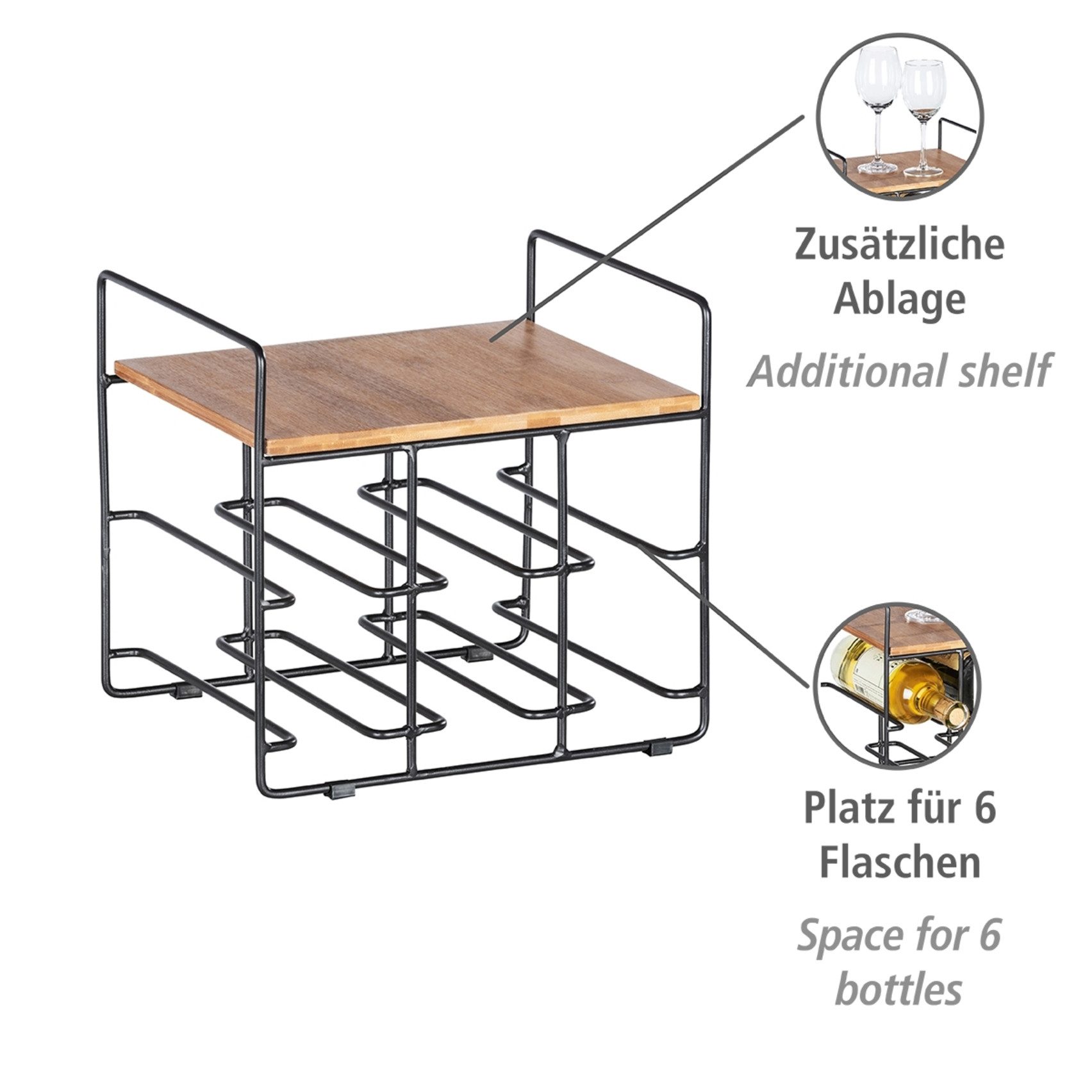 WENKO Wijnflessenhouder Model Loft Flessenrek voor 6 flessen met plank, metaal en bamboe