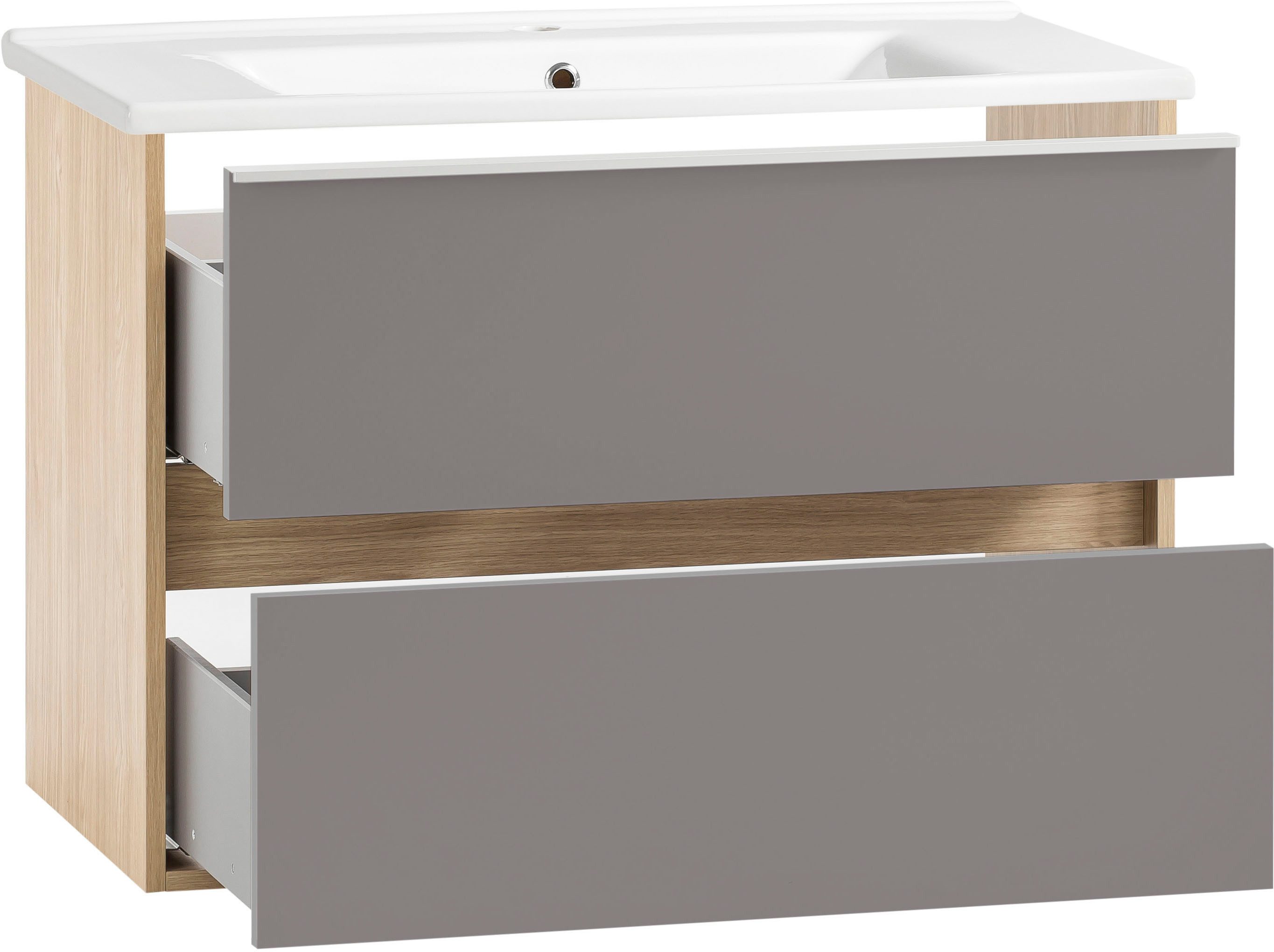 Schildmeyer Wastafelonderkast Mali, breedte 85 cm Houtdecor met voelbare structuur, keramisch bekken