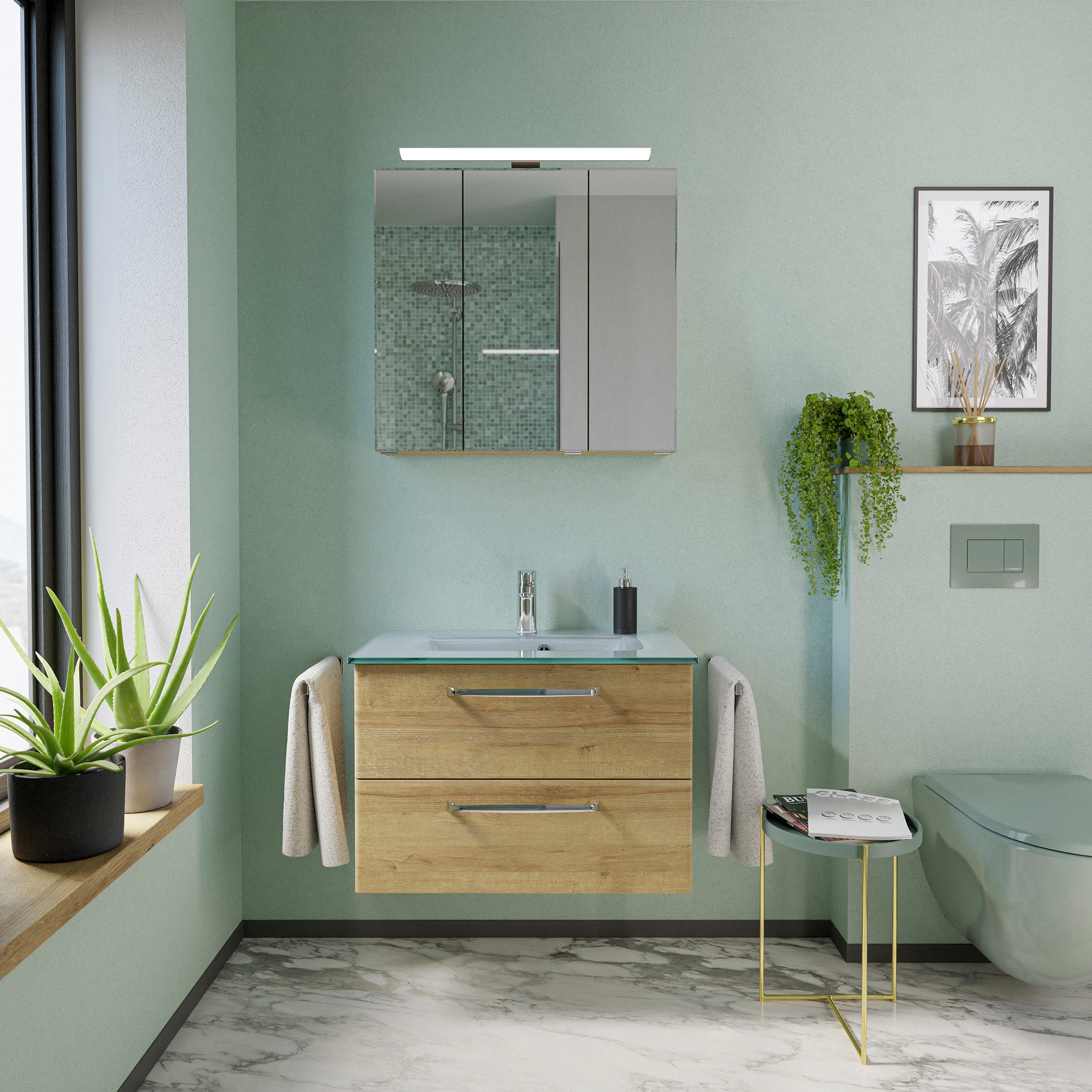 Saphir Badmeubelset Trentino 2-delig glazen wastafel, spiegelkast met LED-verlichting Badkamermeubel-set 77cm breed, incl. deurdemper, 3 deuren, 2 lades (3 stuks)
