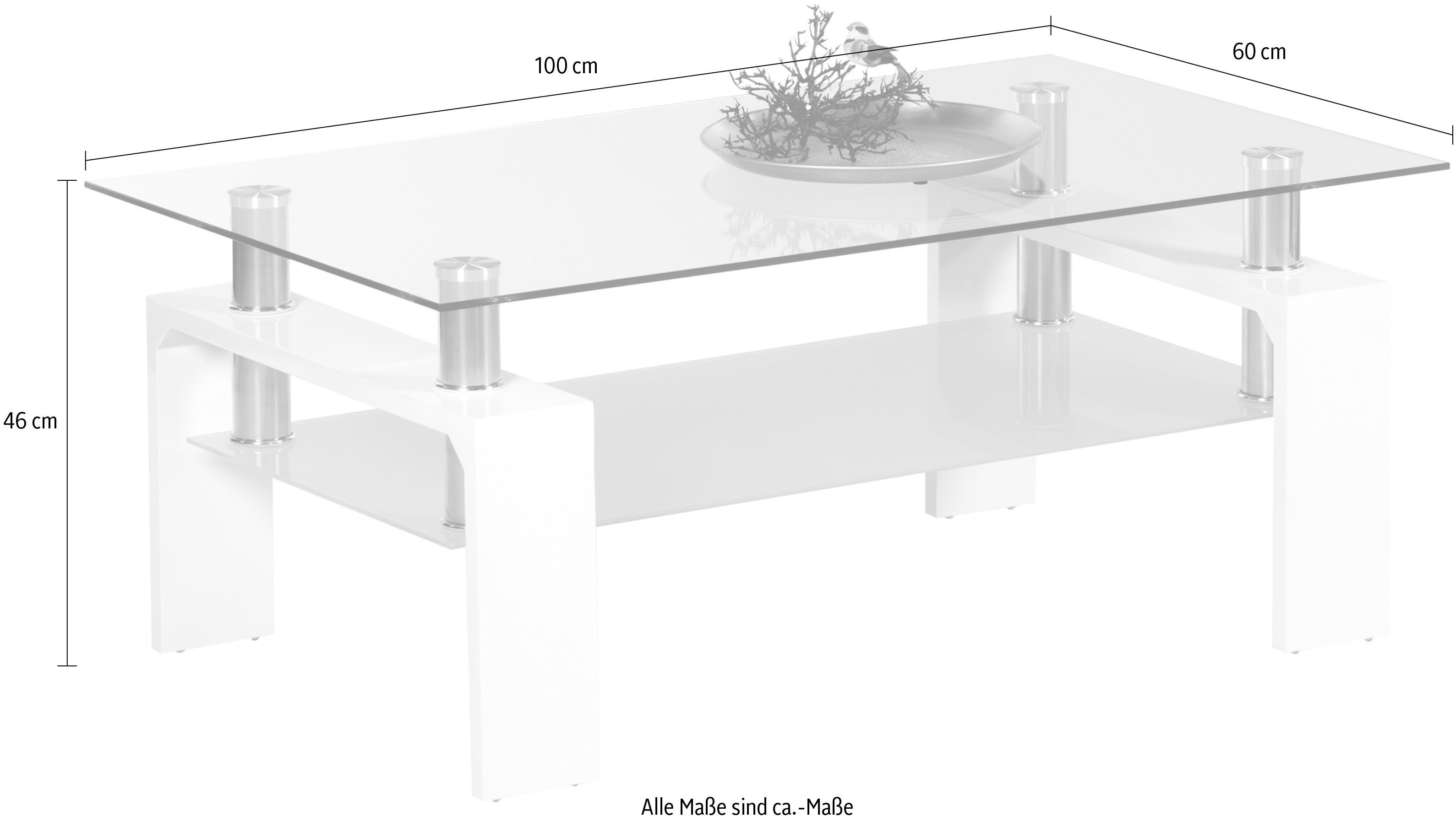 Stolkom Salontafel Mango II glazen tafel, salontafel, tafel glas BxHxD 100x46x60 cm Veiligheidsglas 8mm dik, roestvrijstalen buizen als afstandshouders
