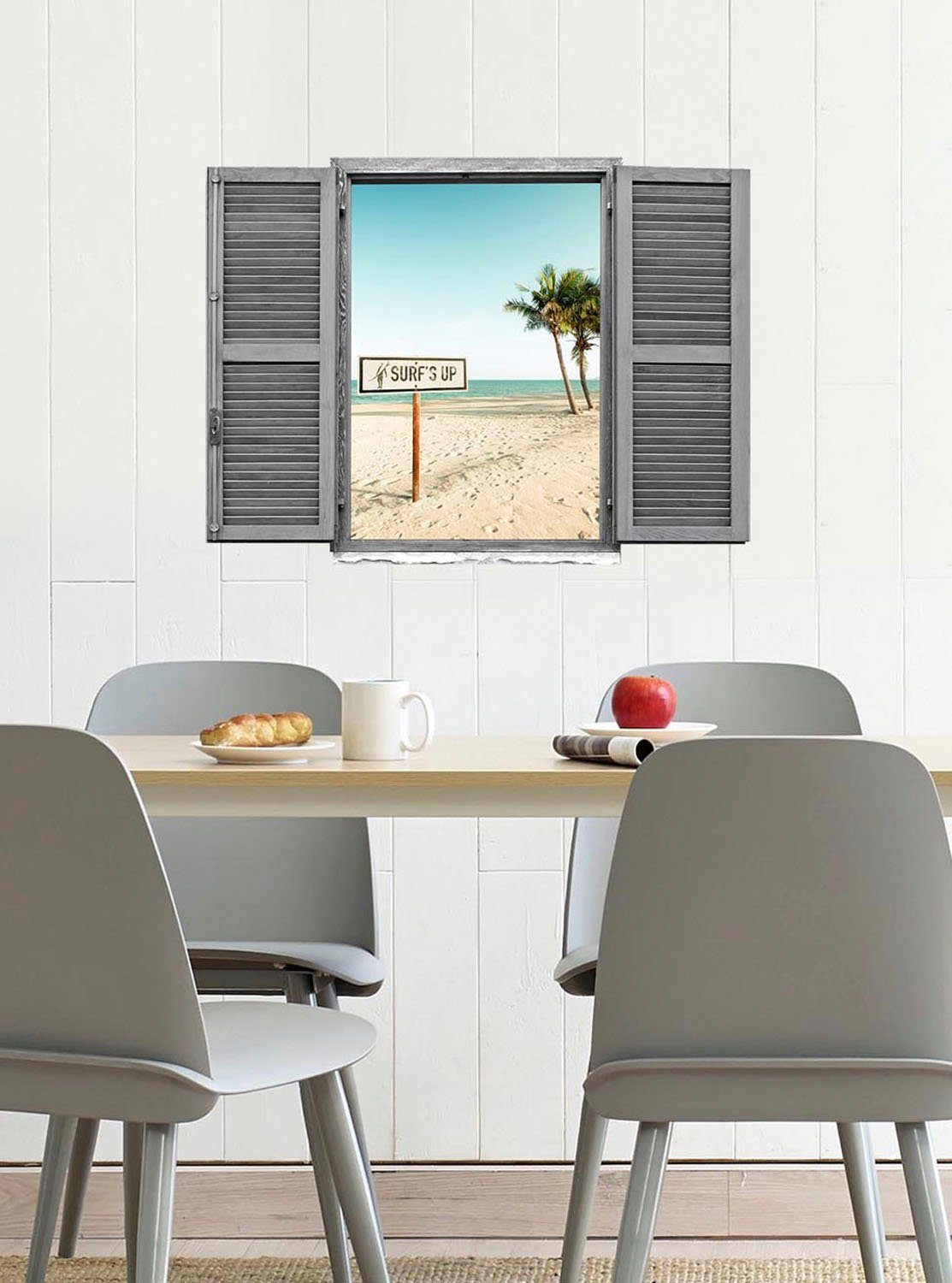 queence Wandfolie Palmenstrand Muursticker, muurdecoratie, zelfklevend, 3D, raam (1 stuk)