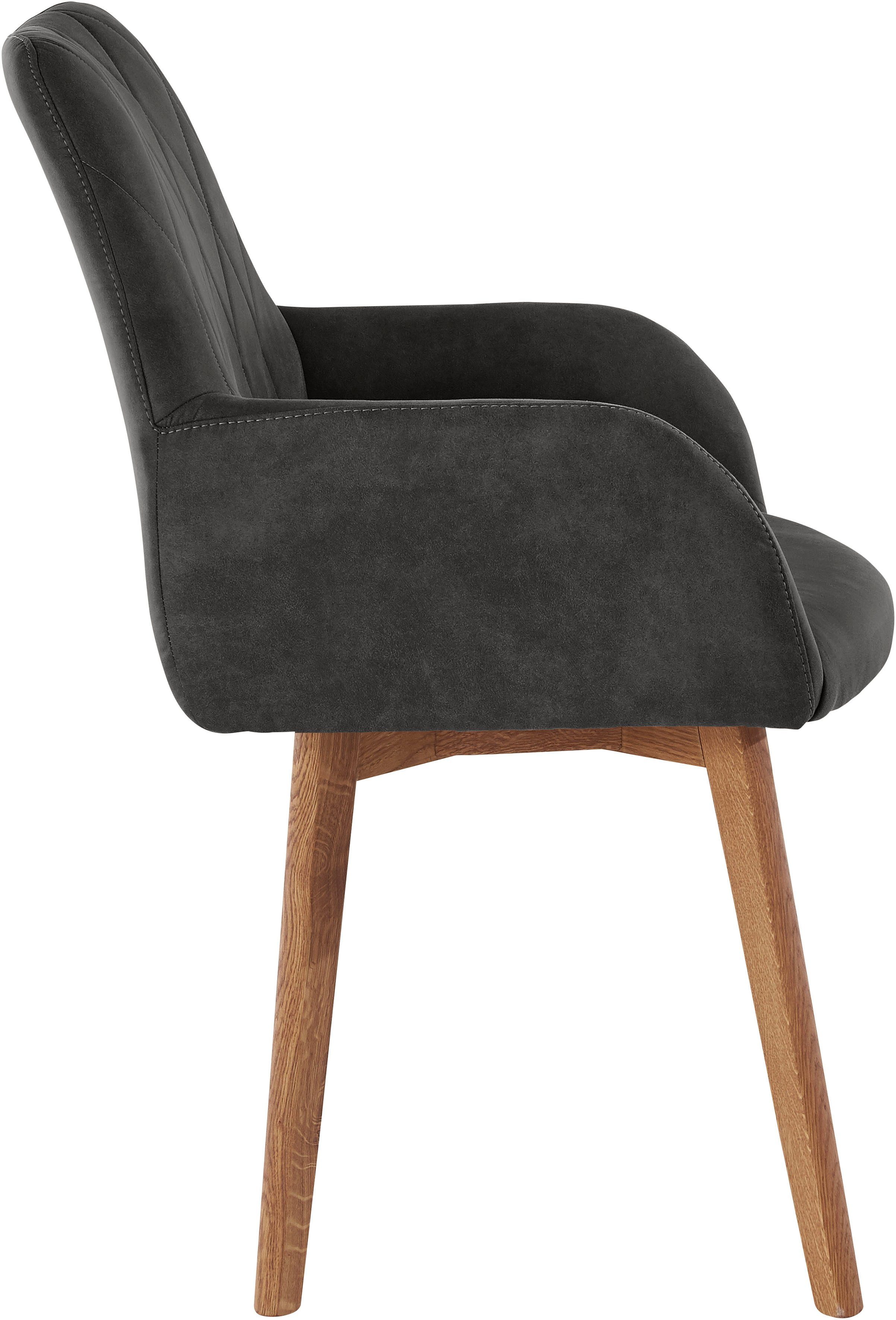 Home affaire Eetkamerstoel Brest Fauteuil in leer of microvezel, geolied massief eiken frame (2 stuks)