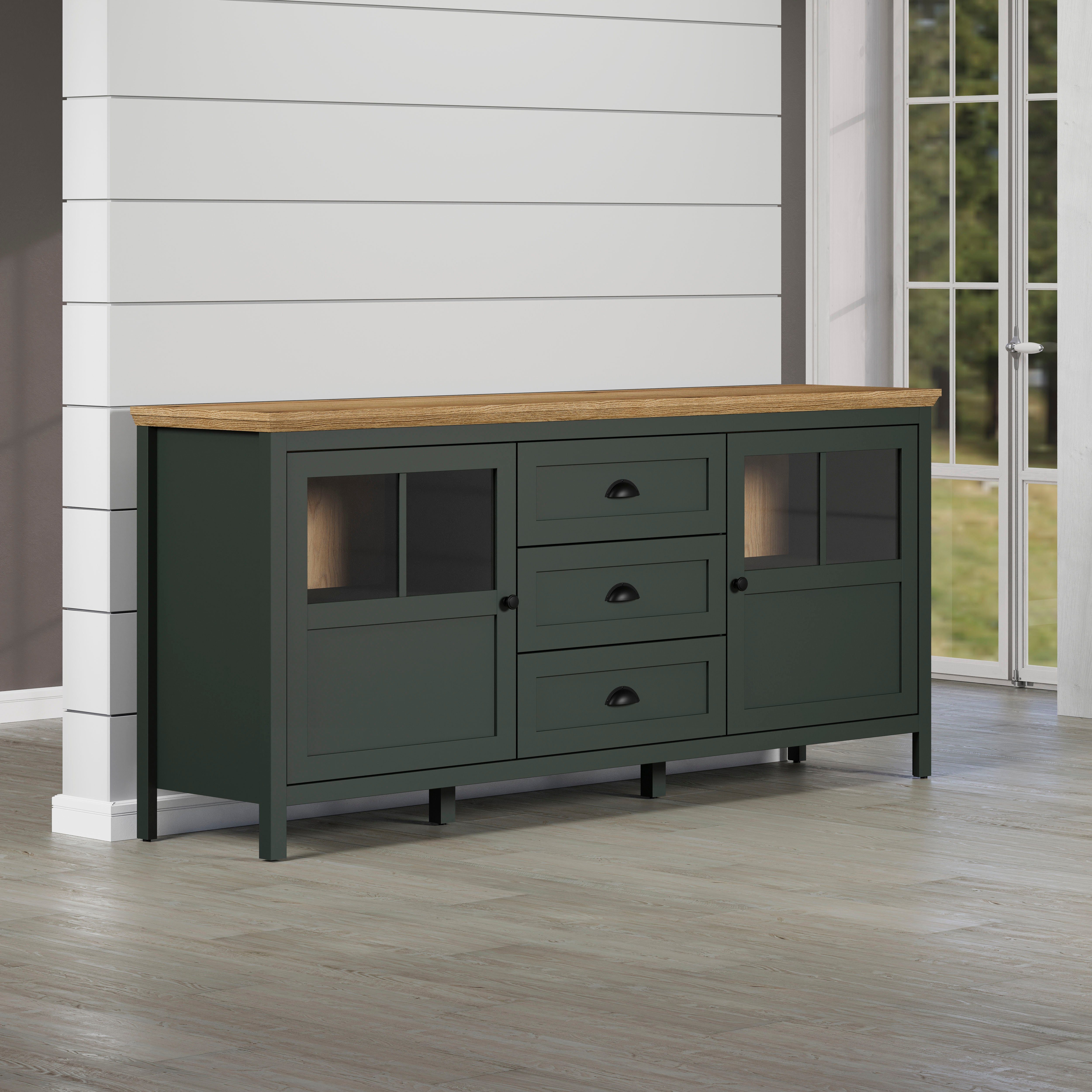 Home affaire Dressoir Vienna Commode in landhuisstijl met schelpenhandgrepen en glazen deuren