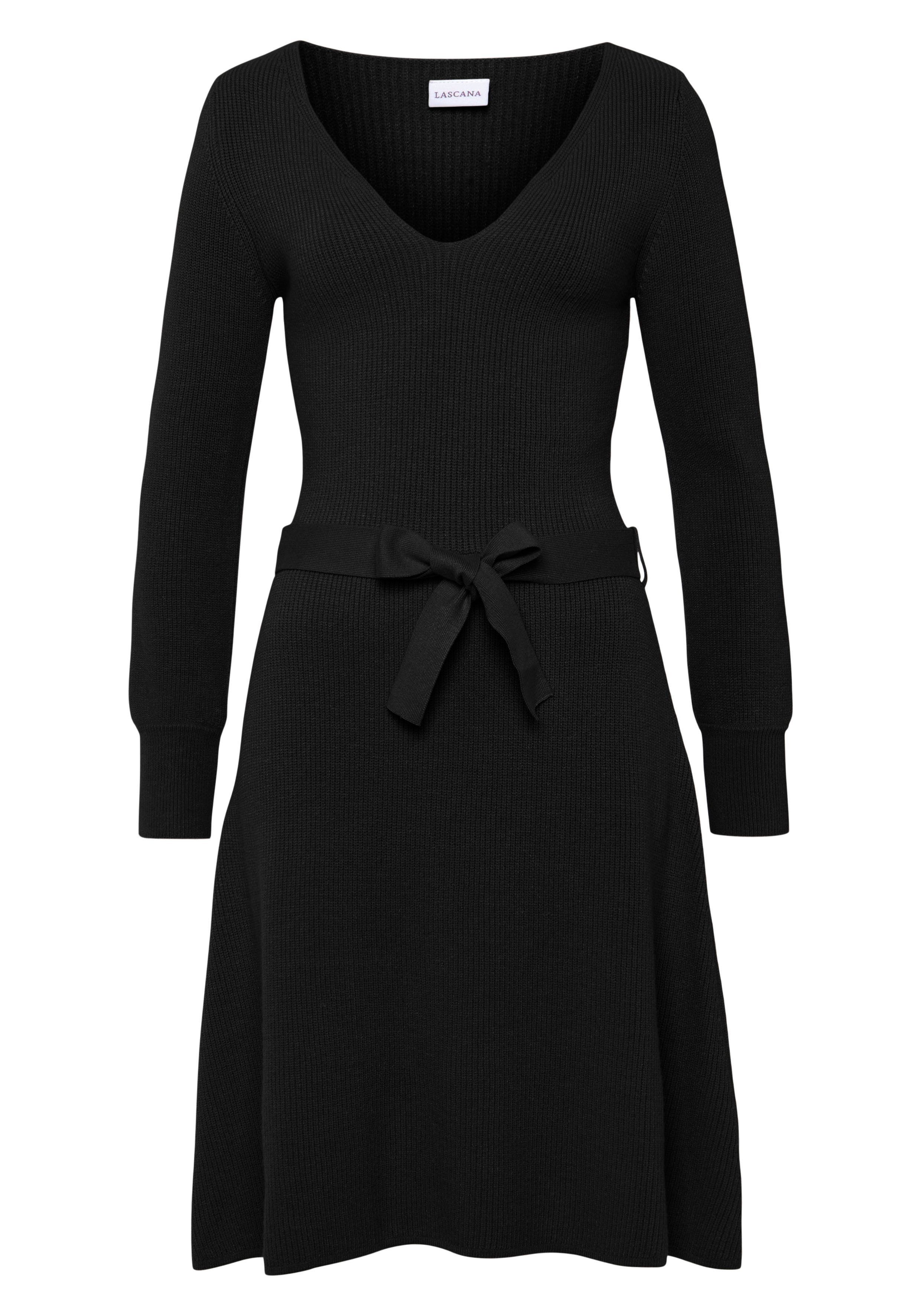 Lascana Gebreide jurk en v-hals, herfst-winterjurk, casual-elegant (Met een bindceintuur)
