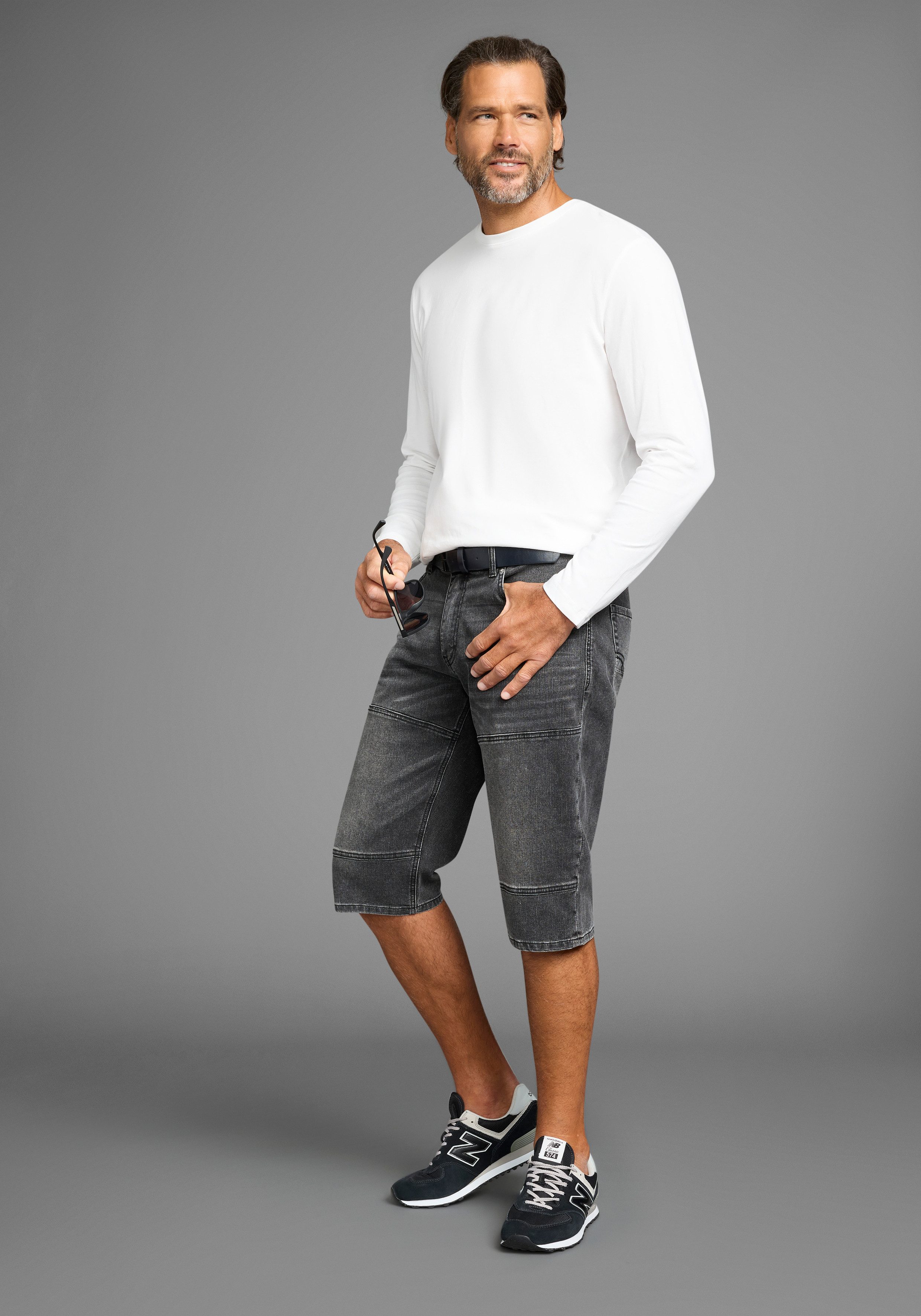 H.I.S Jeansbermuda HANTZ rechte broeksnit, used-look met slijtage-effecten (set, 2-delig, Met een afneembare riem)