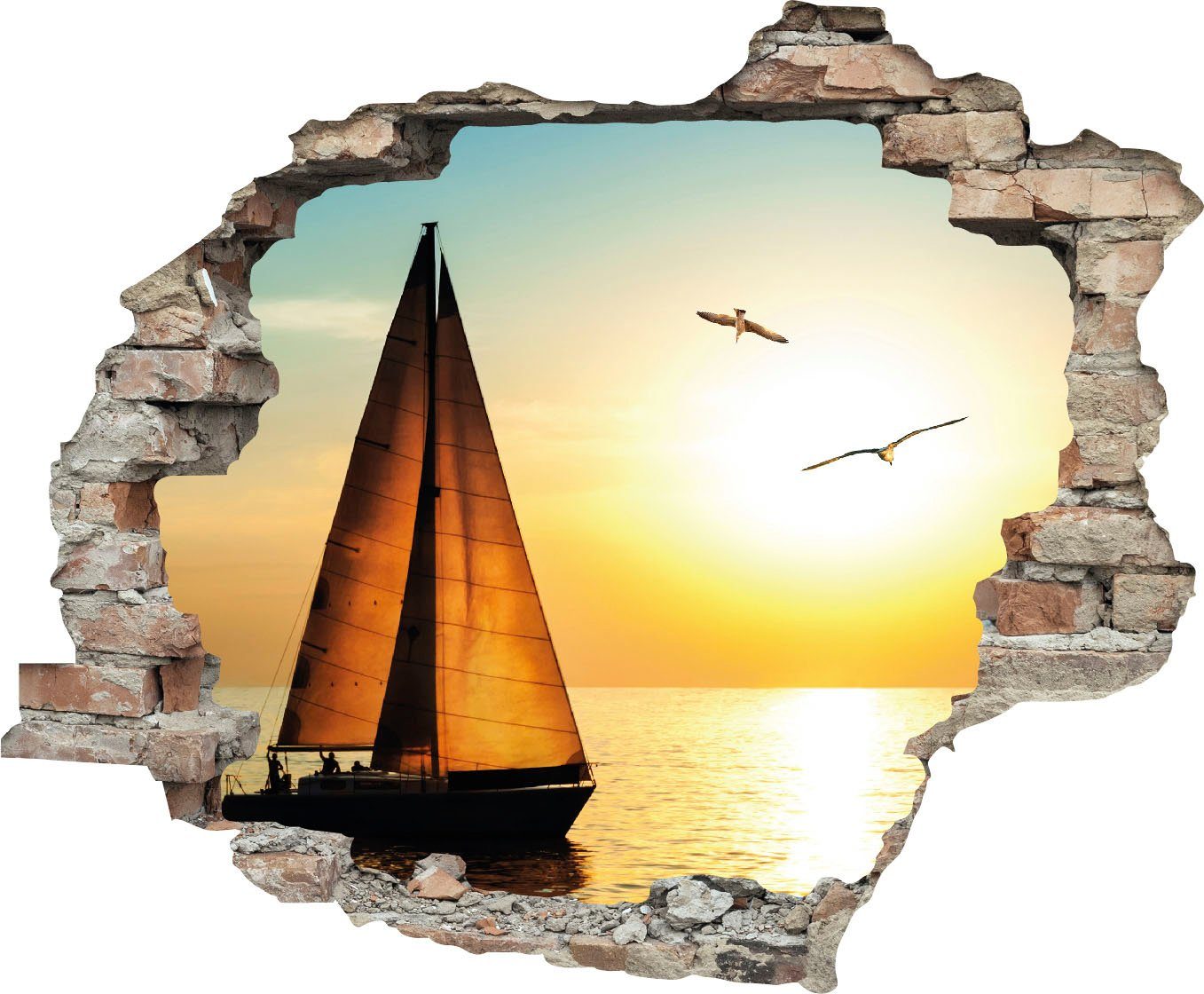 queence Wandfolie Zeilboot Muursticker, muurdecoratie, zelfklevend, 3D, muurdurchbraak (1 stuk)