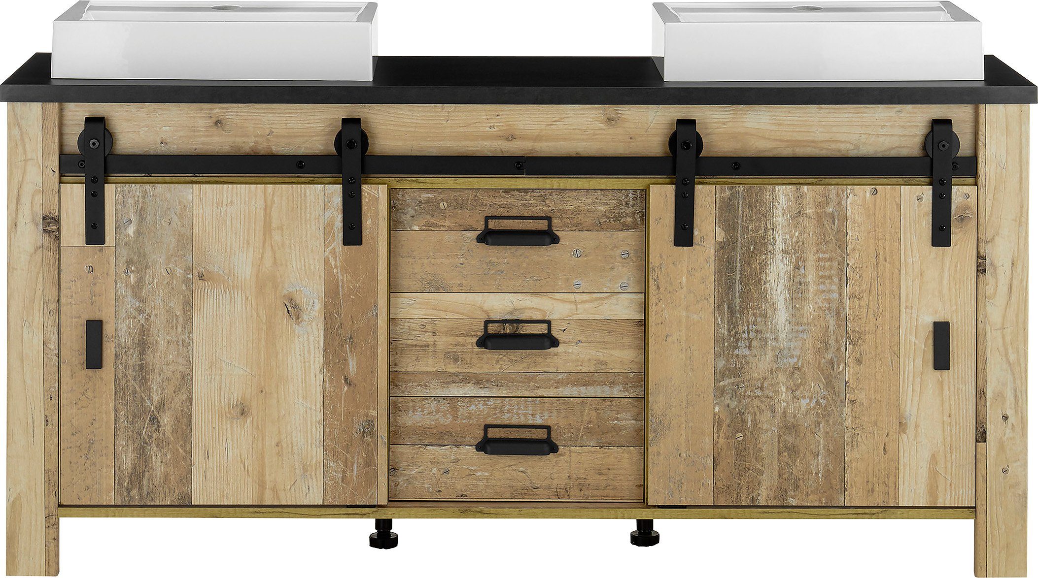 Home affaire Wastafelonderkast Sherwood Hout, schuurdeurbeslag en apothekersgrepen van metaal, hoogte 91 cm (1 stuk)
