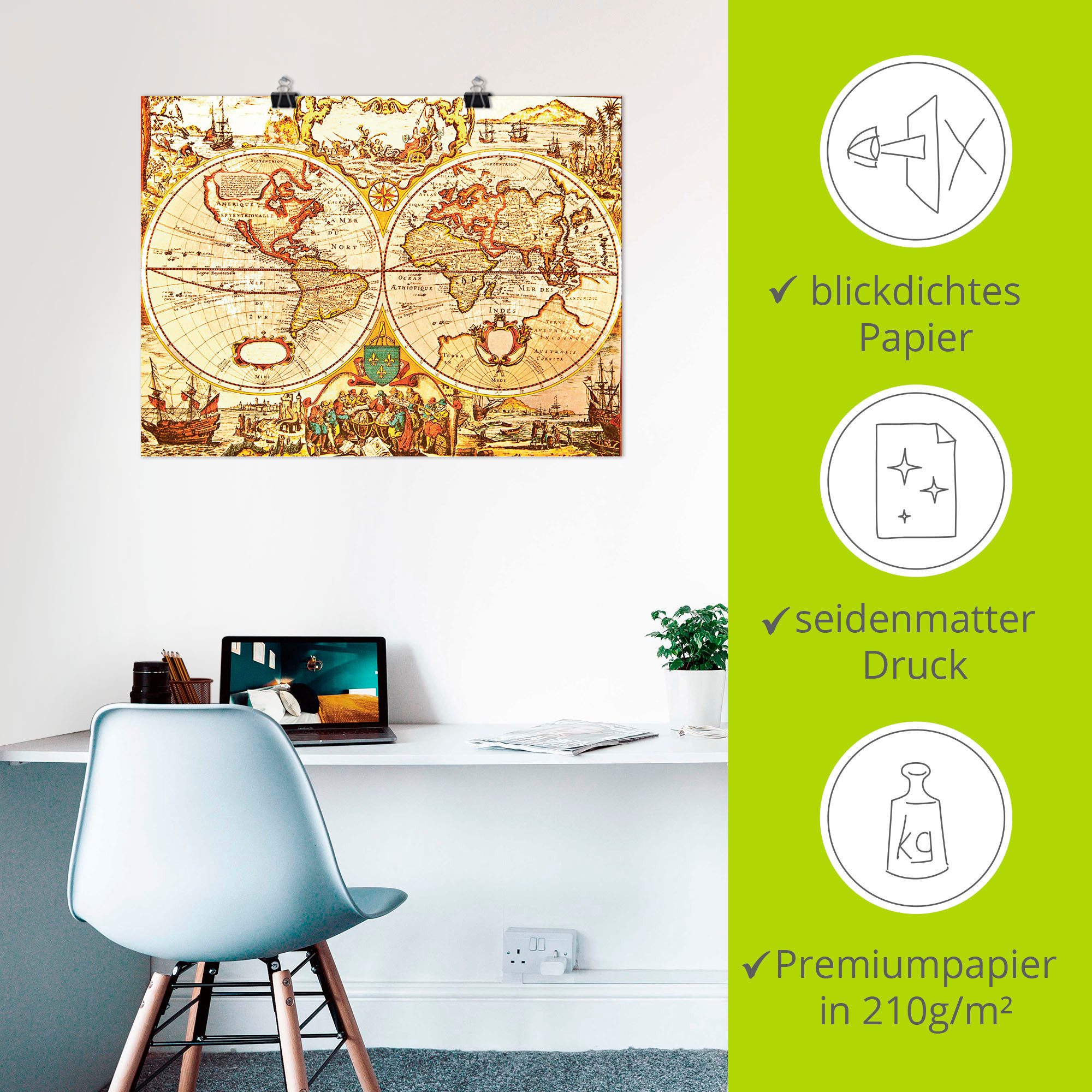 Artland Artprint Antieke wereldkaart als artprint van aluminium, artprint voor buiten, artprint op linnen, poster, muursticker
