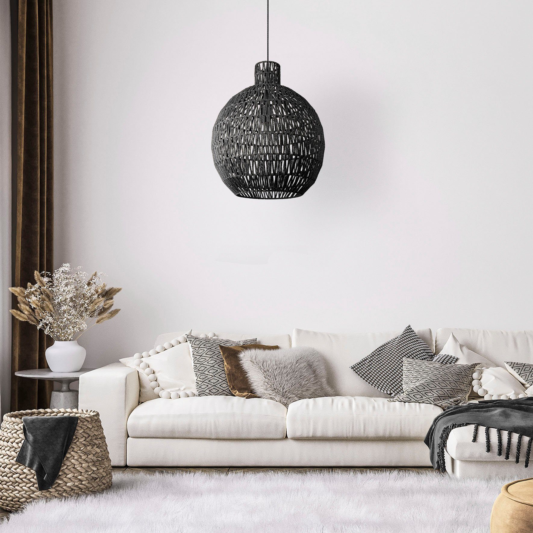 Paco Home Hanglamp Ulla Lamp papier pendellamp rustiek mand LED Boho rattan look E27