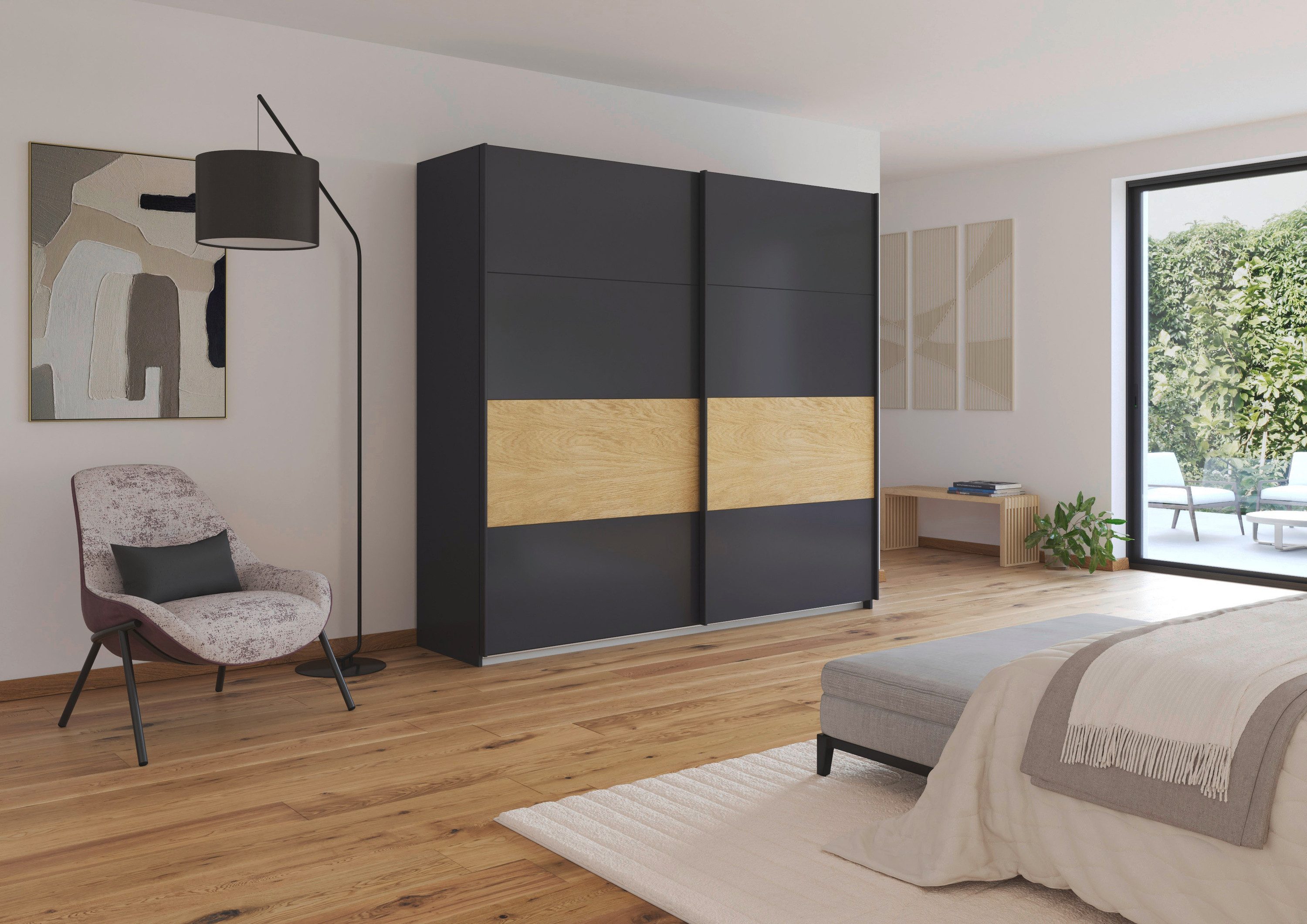 rauch Schuifdeurkast Kledingkast Kast Garderobe Slaapkamerkast MALVA Buikband afgewerkt in geborsteld eikenfineer MADE IN GERMANY