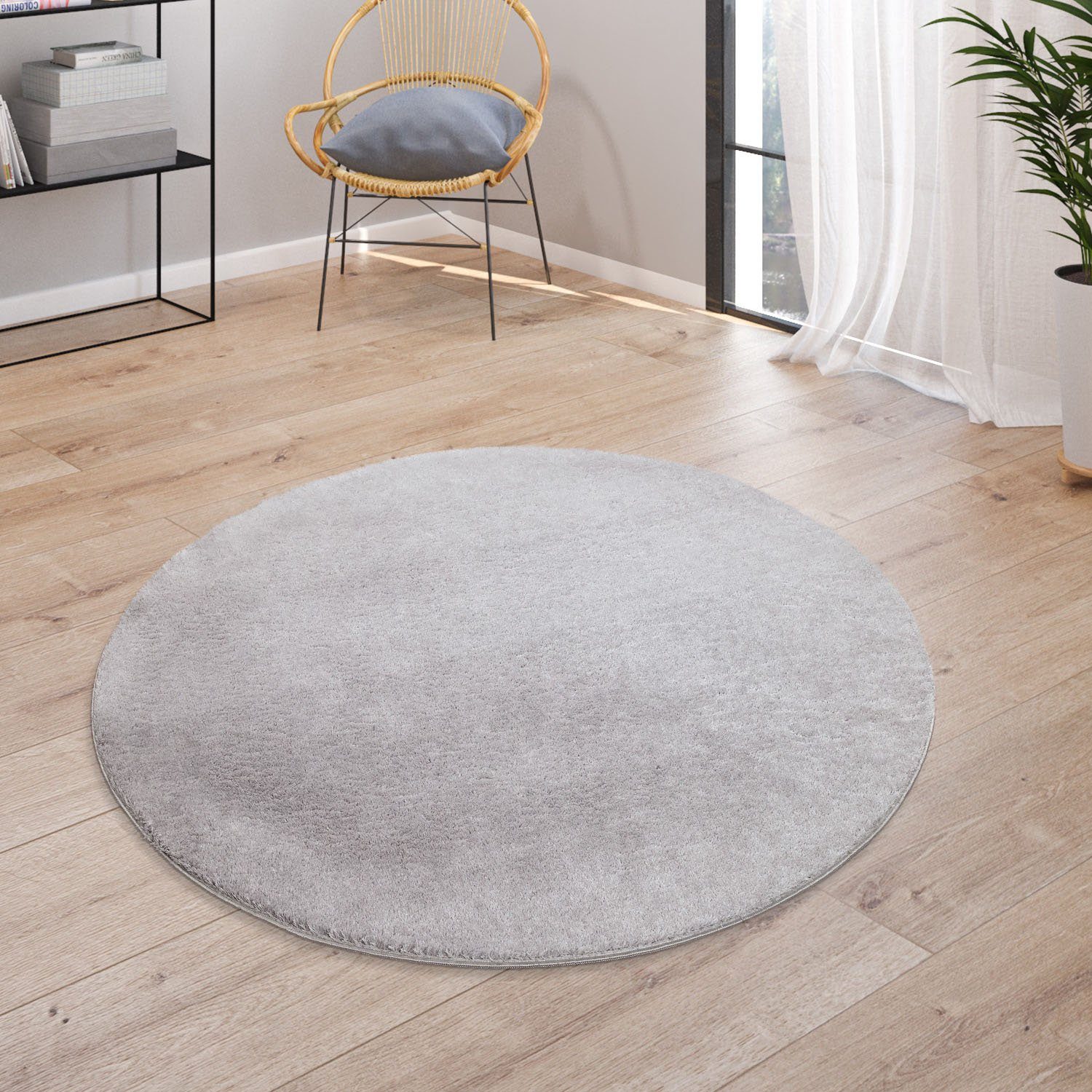 Paco Home Vloerkleed Cadiz 630 Korte pool, unikleuren, bijzonder zacht, wasbaar, woonkamer moderne vloerkleden maat Ø 200 cm x 14 mm grijs
