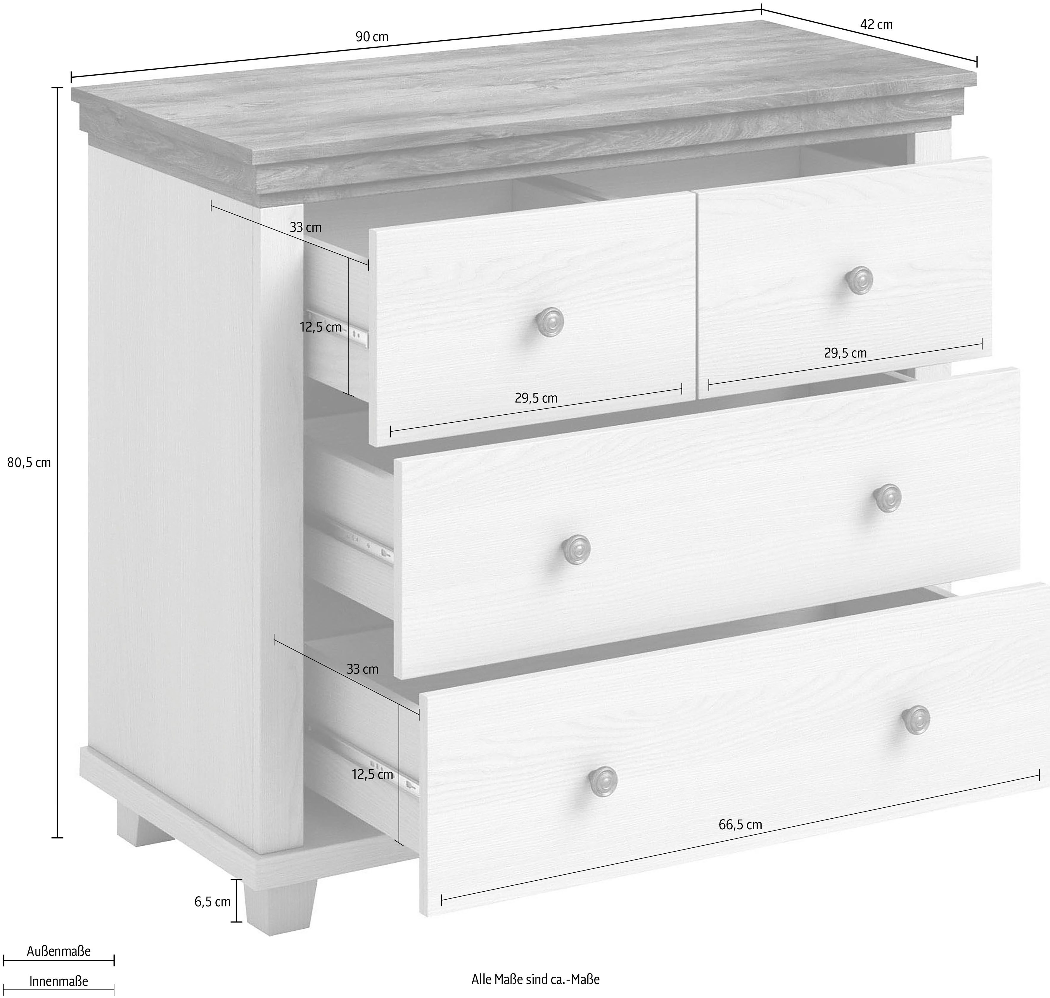 Home affaire Ladekast Evora met 4 lades, 90x42x80,5 cm (BxDxH), FSC®-gecertificeerd Commode met MDF-applicaties, landhuisstijl, passende aanvulling