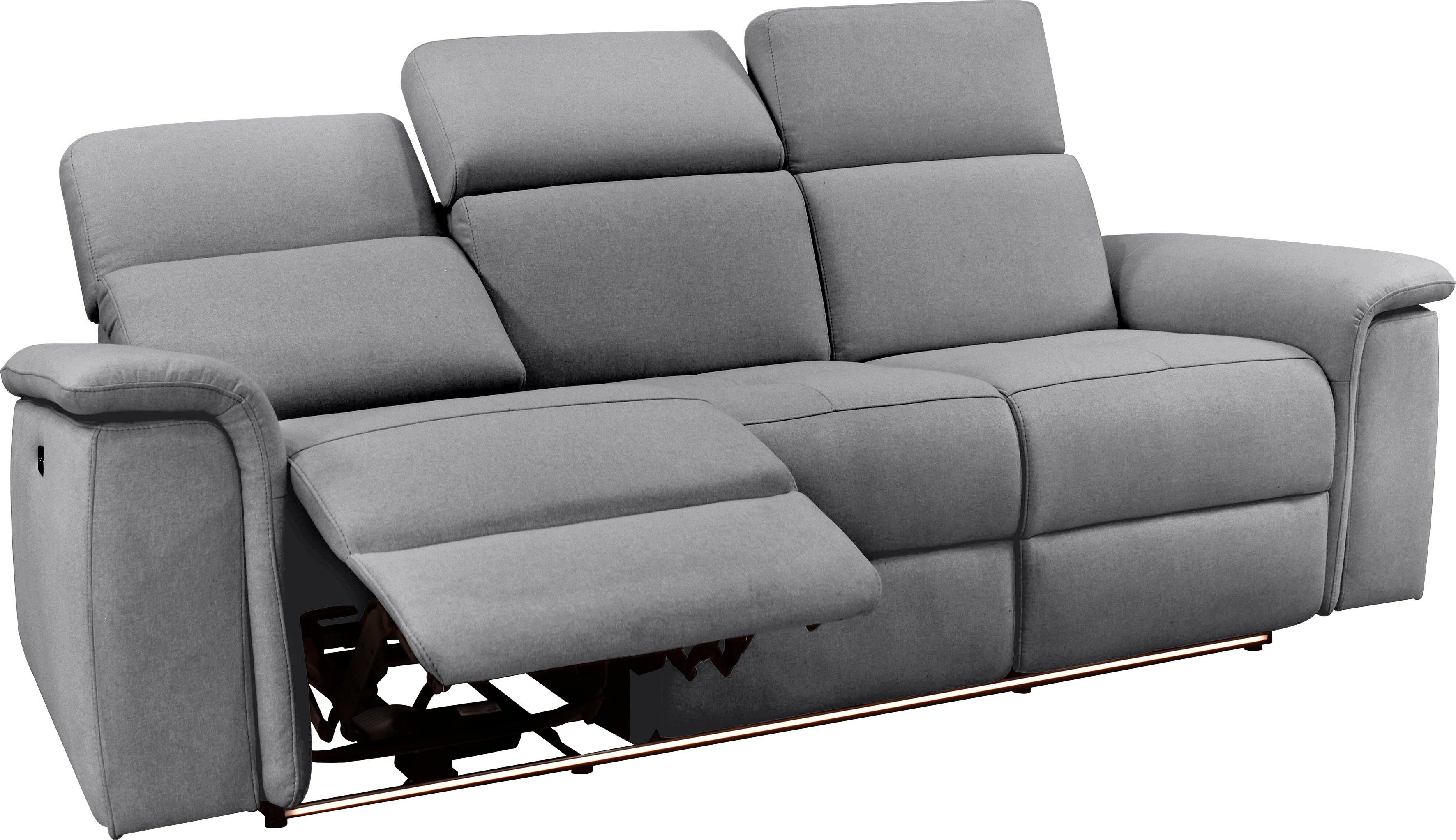 Places of Style 3-zitsbank Pareli 229 cm, handmatige en elektrische relaxfunctie in 2 zits USB, verstelbare hoofdsteun, LED-verlichting, in echt leer, kunstleer, geweven stof
