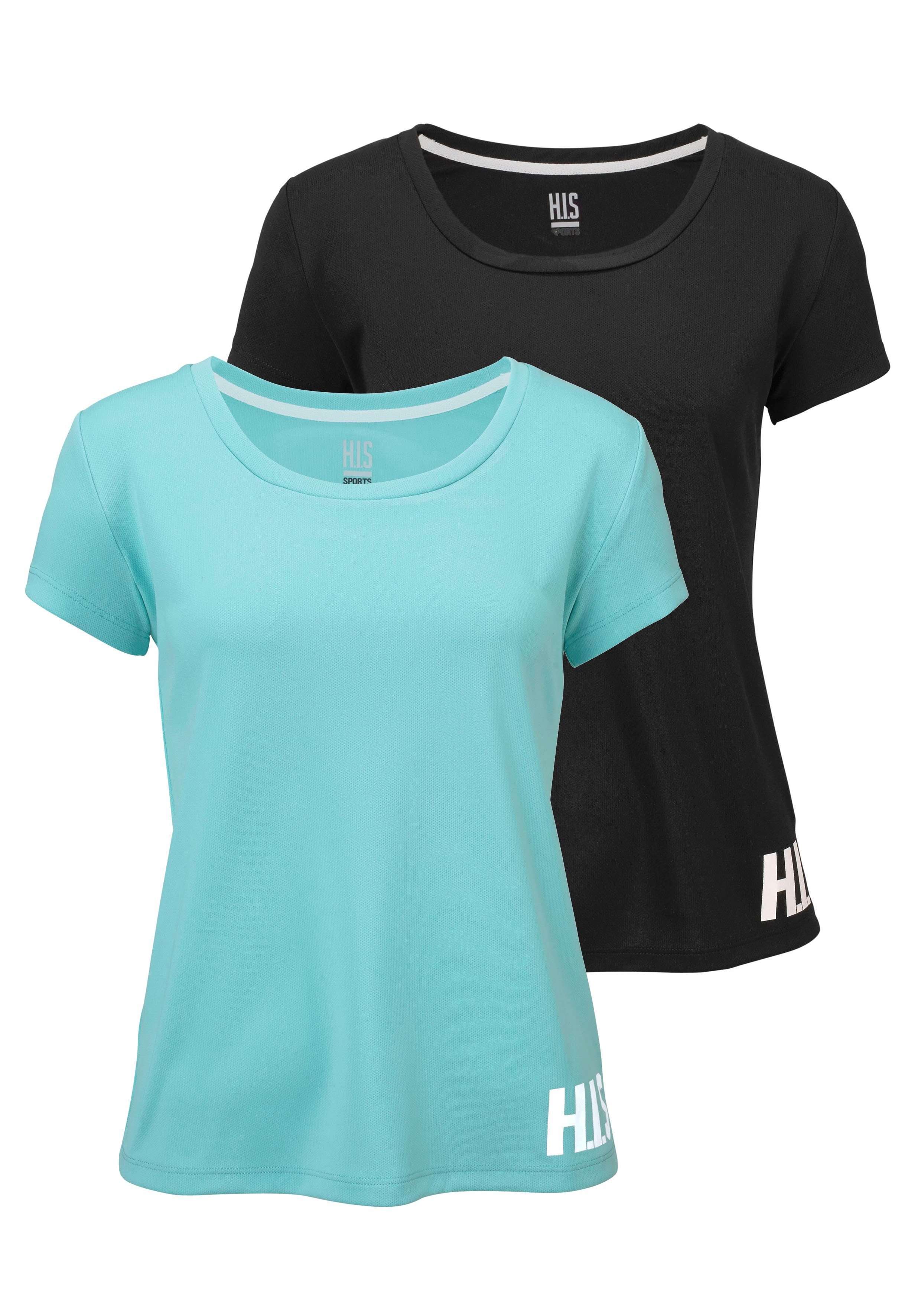 H.I.S Functioneel shirt figuuraccentuerende snit, sportieve look, met trendy logoprint (Set van 2) dames sportshirts maat 40/42 zwart