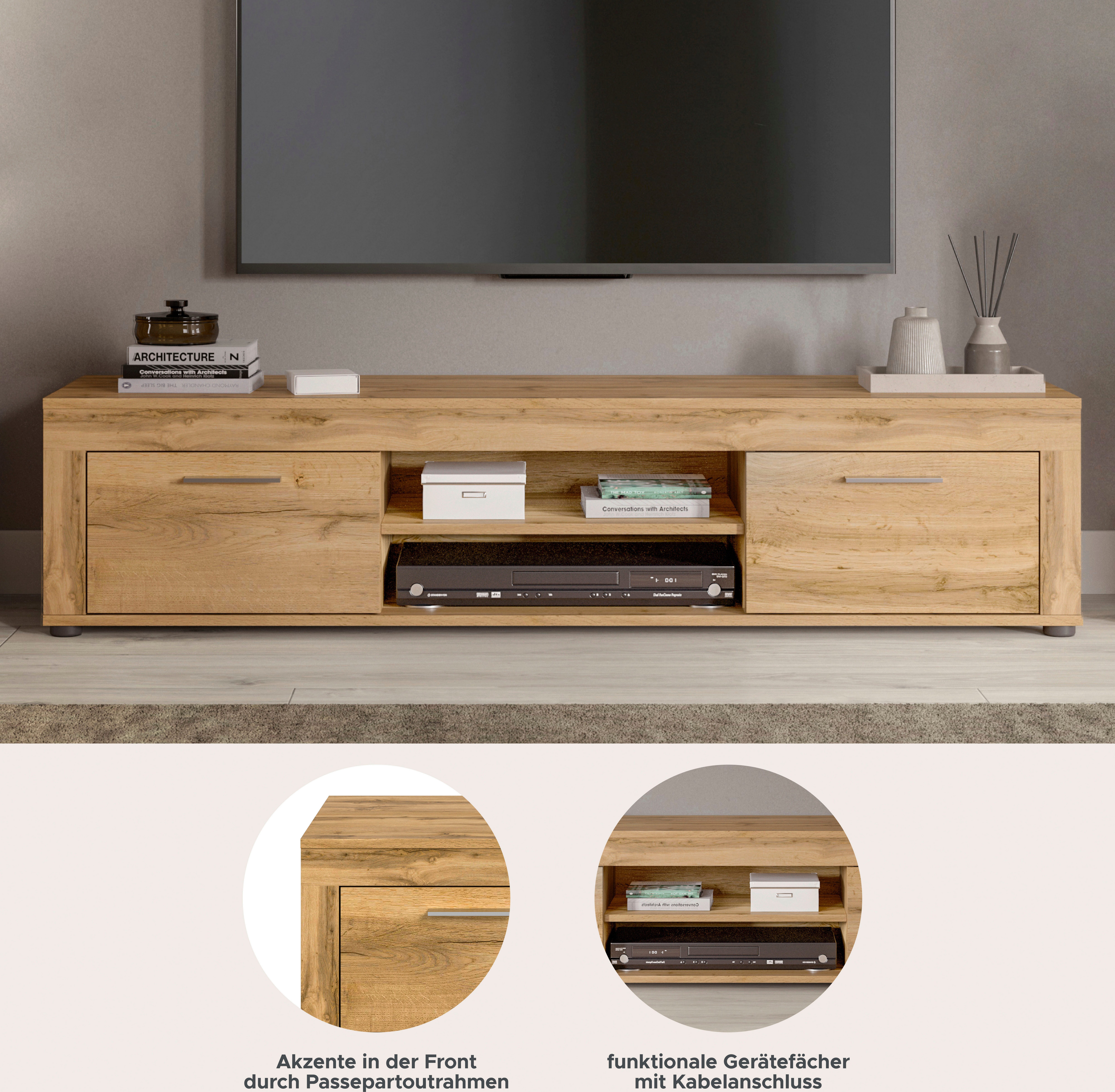 INOSIGN Tv-meubel Aosta, breedte 160 cm, in verschillende kleuruitvoeringen met 2 kleppen en 2 open vakken, tv-bord, mediabord, tv-meubel
