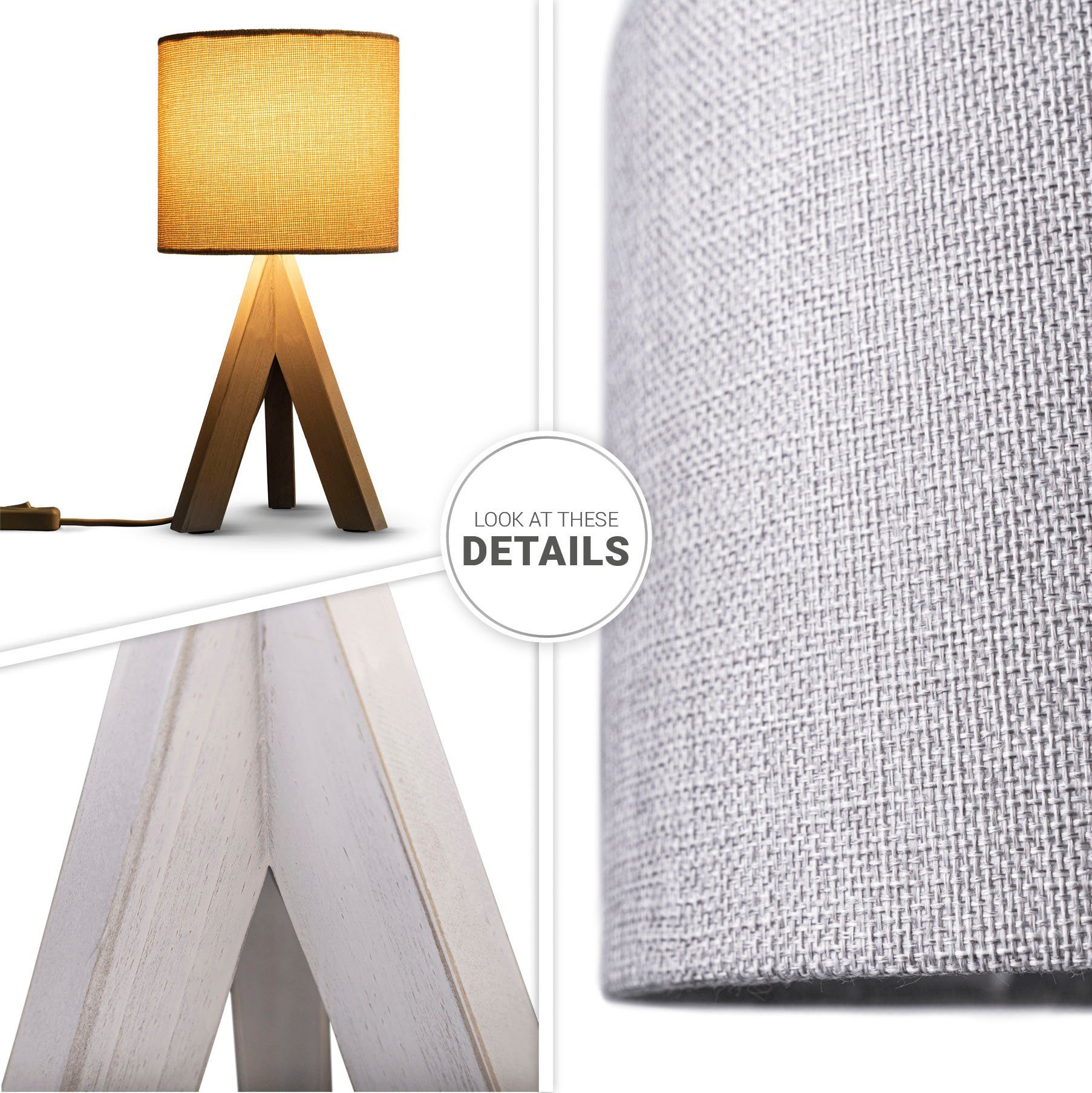 Paco Home Tafellamp BAJO CANVAS UNI COLOR Driepotig massief hout, textielscherm uni linnen, Ø 17 cm, H. 35 cm