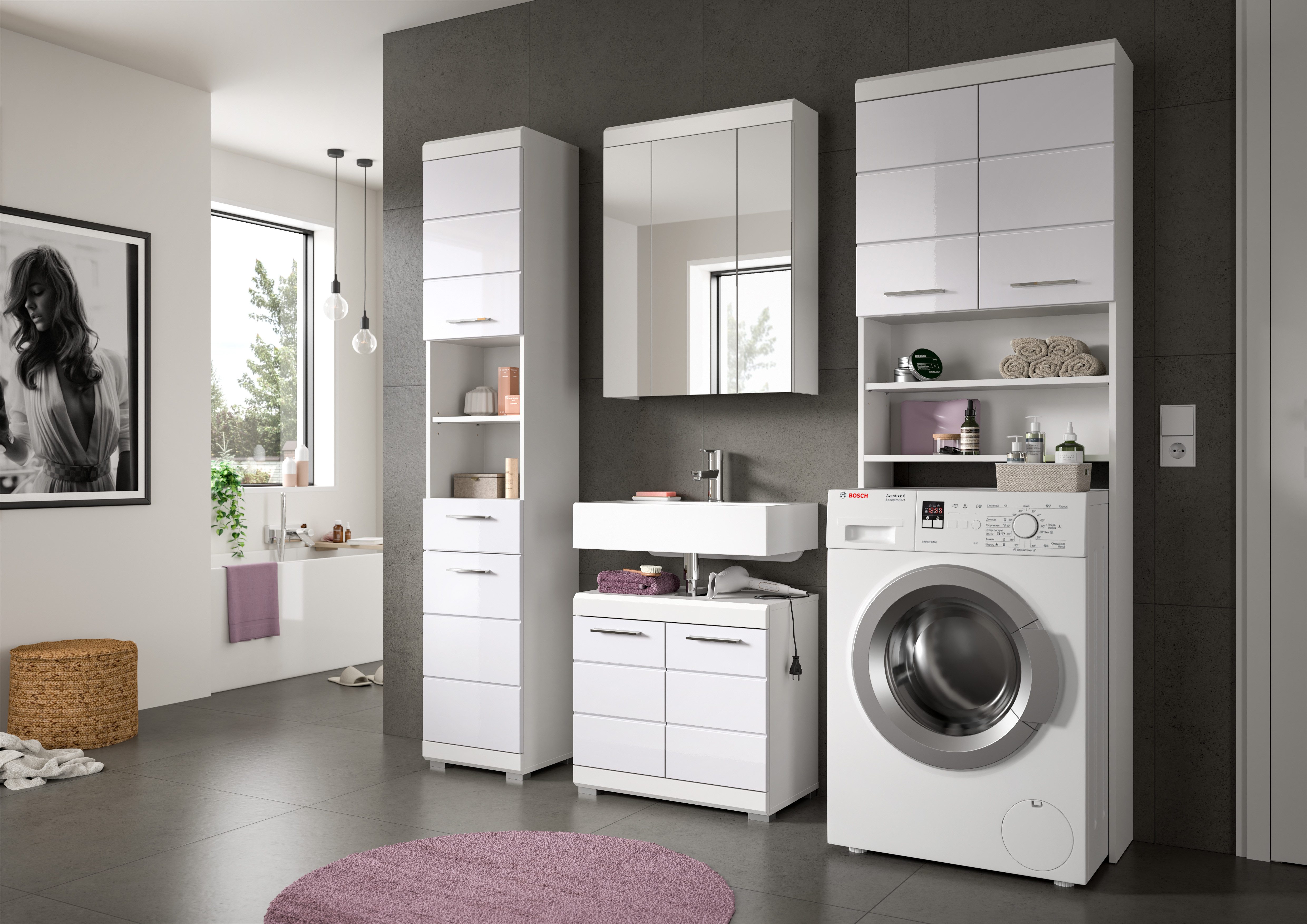 INOSIGN Badkamerserie Siena, 4-delig, bestaande uit: Hoge kast, WBU, spiegelkast, wasmachine ombouwkast (set, 4-delig)
