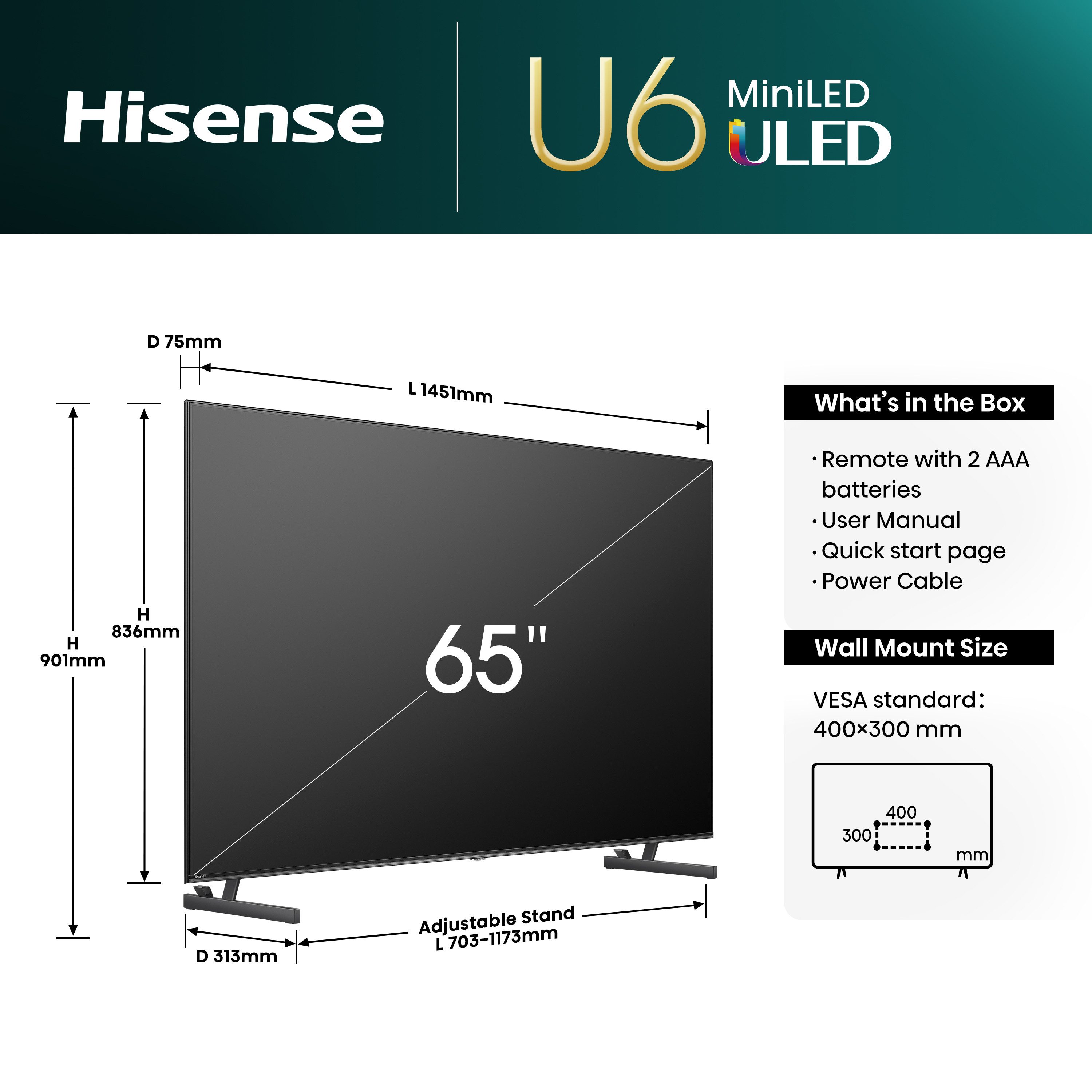 Hisense Mini-led-tv 65U6NQ, 164 cm / 65", 4K Ultra HD, Smart TV, 4k uhd, uled, mini led