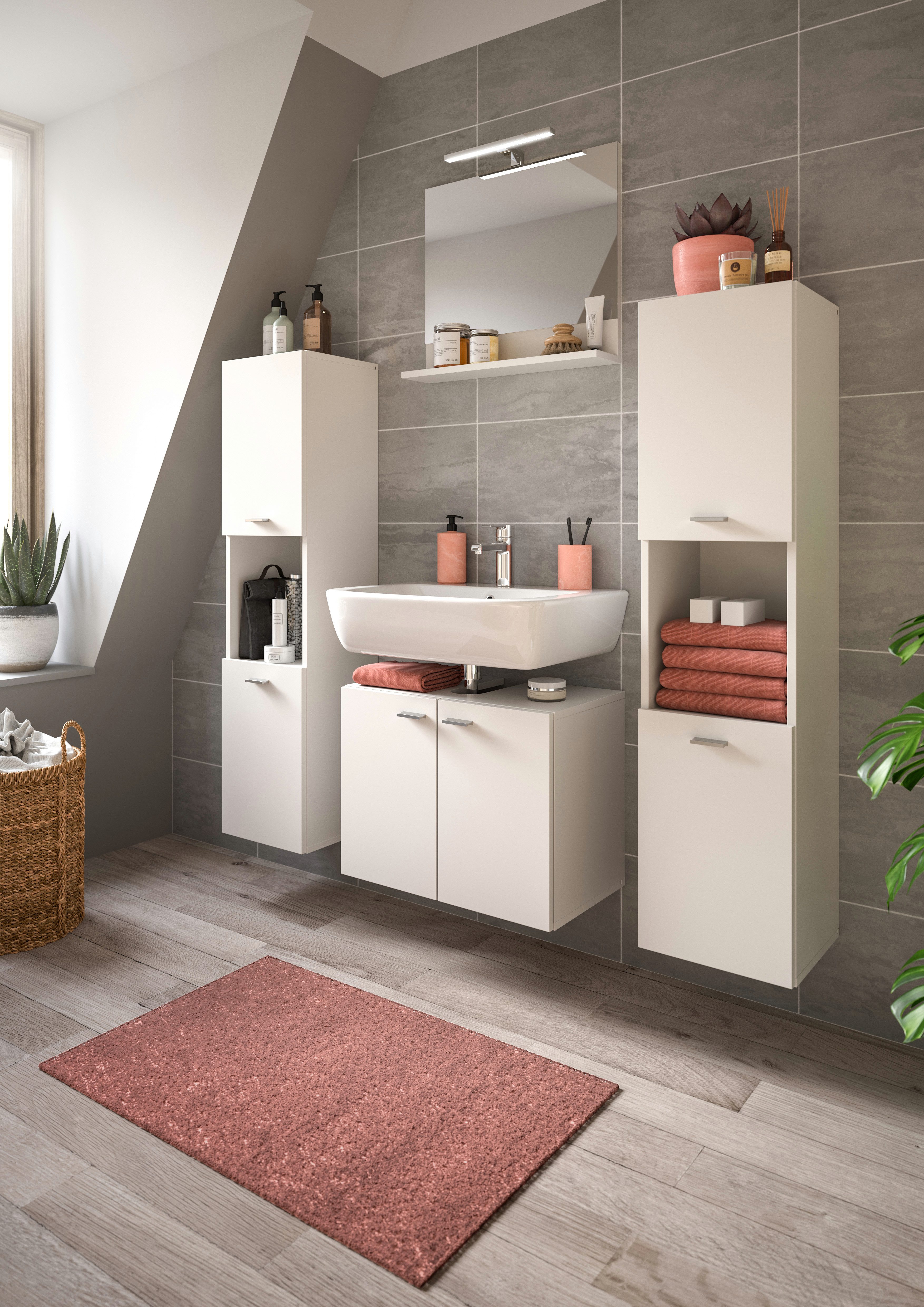 welltime Badmeubelset Tampa, breedte 137cm, 4-delig Wastafelonderkast, spiegel, hoge kast (4 stuks)