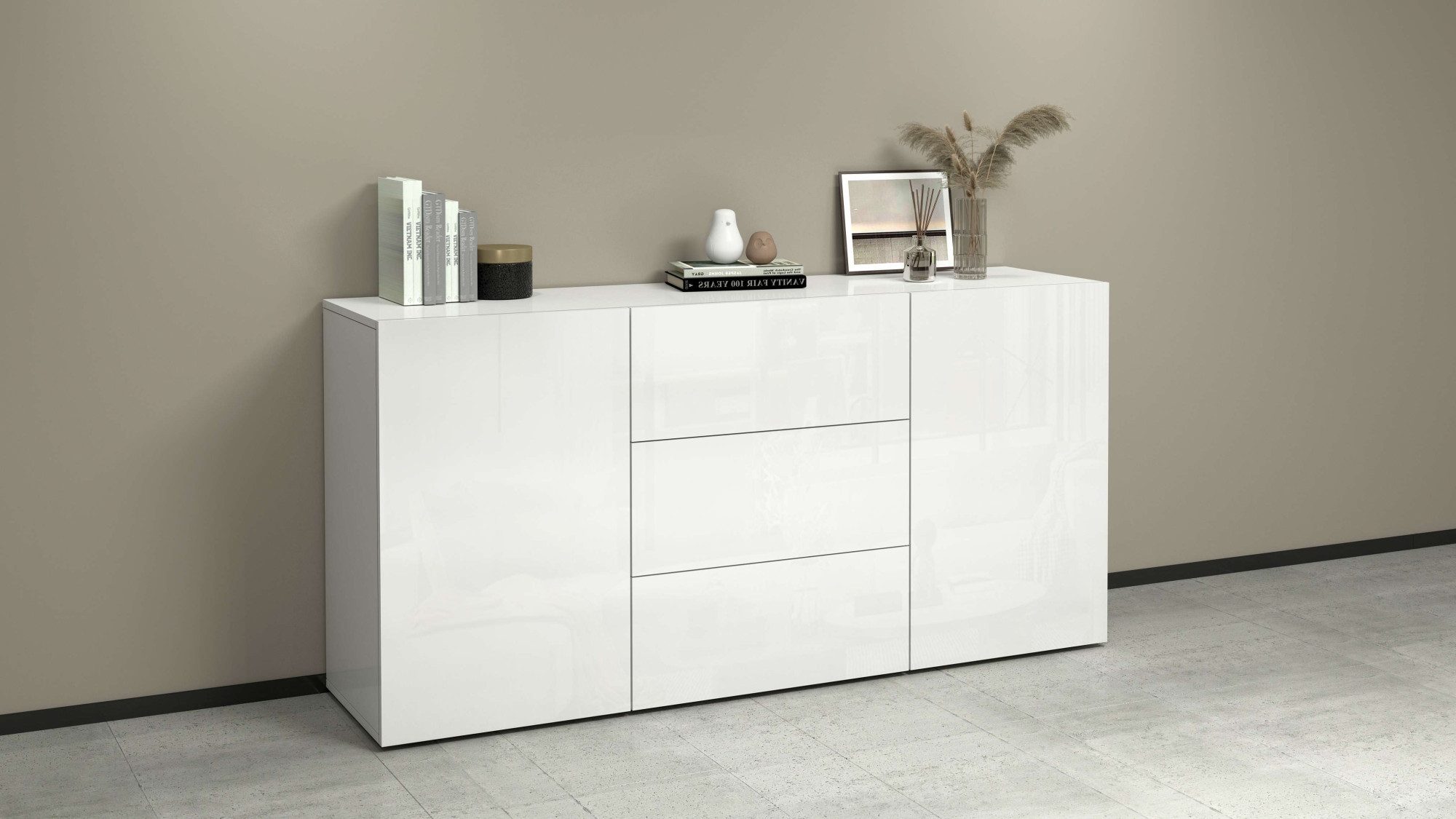 INOSIGN Dressoir Egypt, Ladekast, Kast, Buffet, greeploos 2 deuren, 3 lades, volledig hoogglans gelakt breedte 160 dressoirs wit