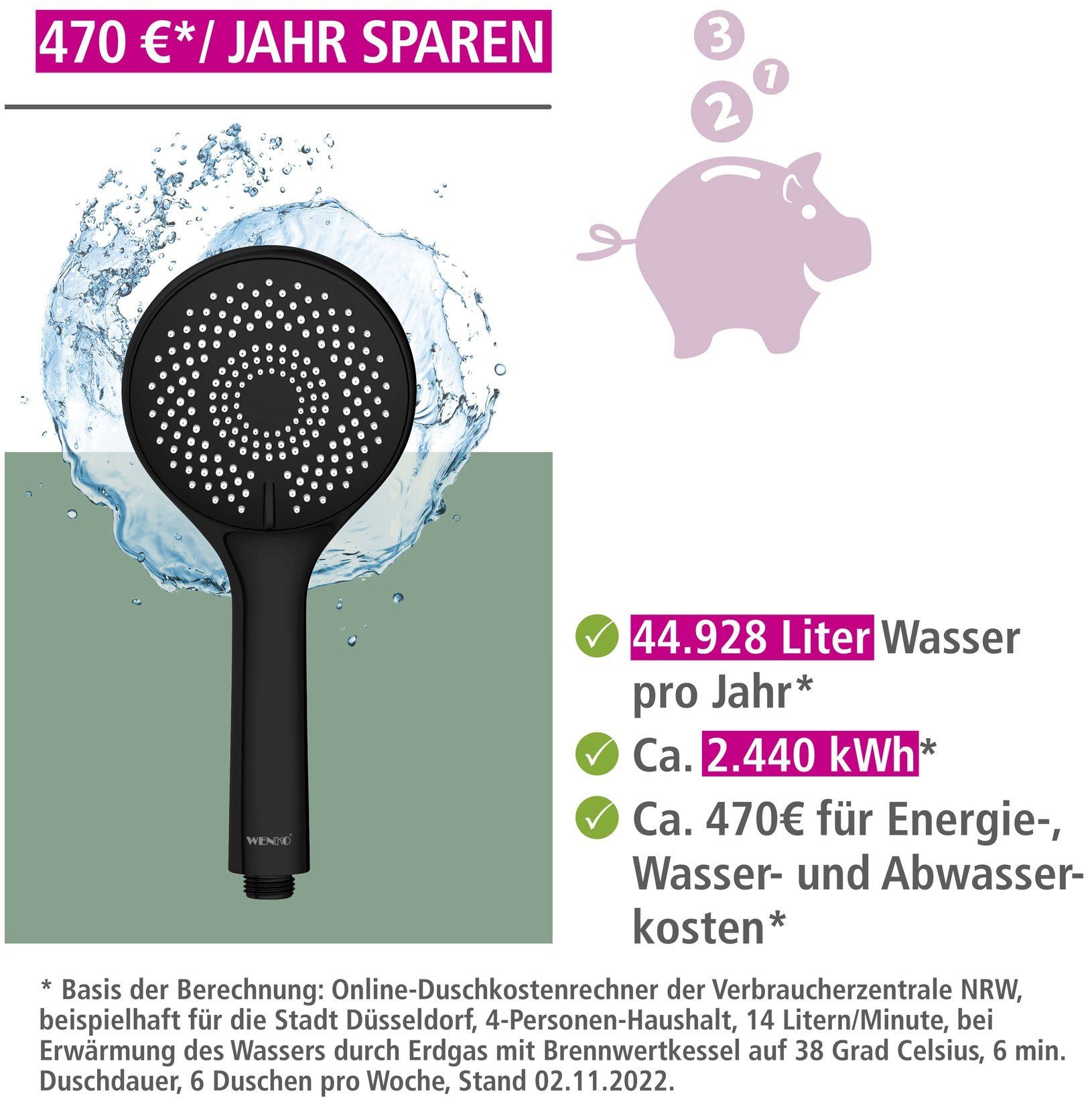 WENKO Handsproeier Watersaving Matzwart , Ø 11 cm (1-delig)