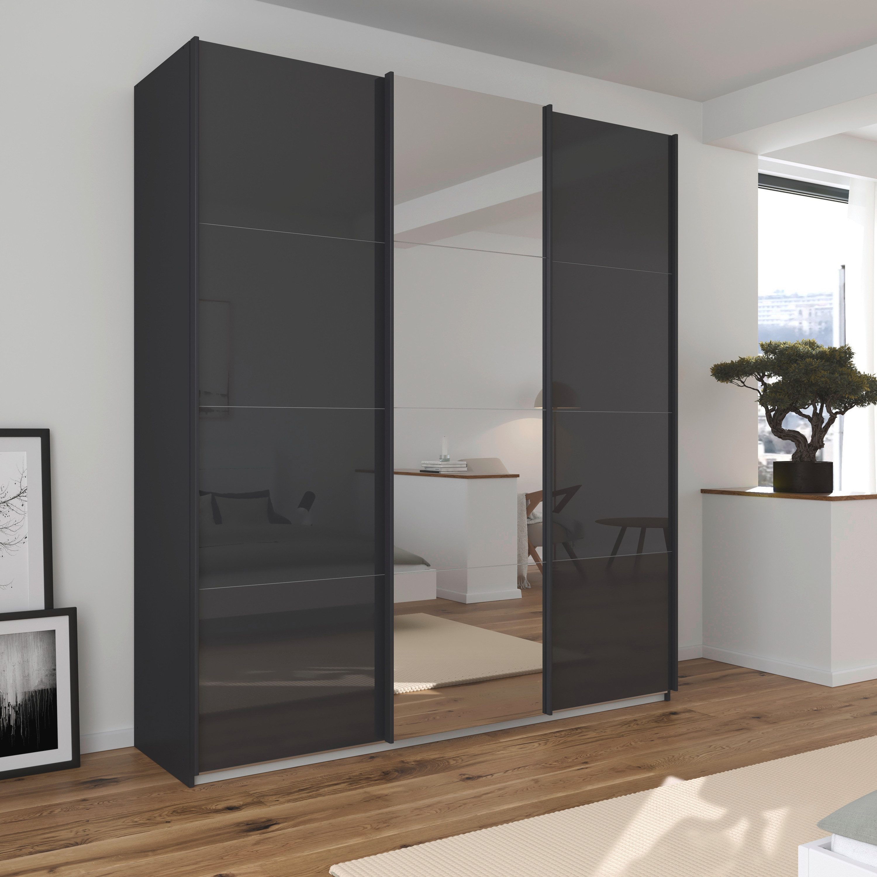 rauch Schuifdeurkast Kledingkasten kast garderobe AGORDO met glazen front doordachte binnenuitrusting, in 4 breedtes en 2 hoogtes made in germany