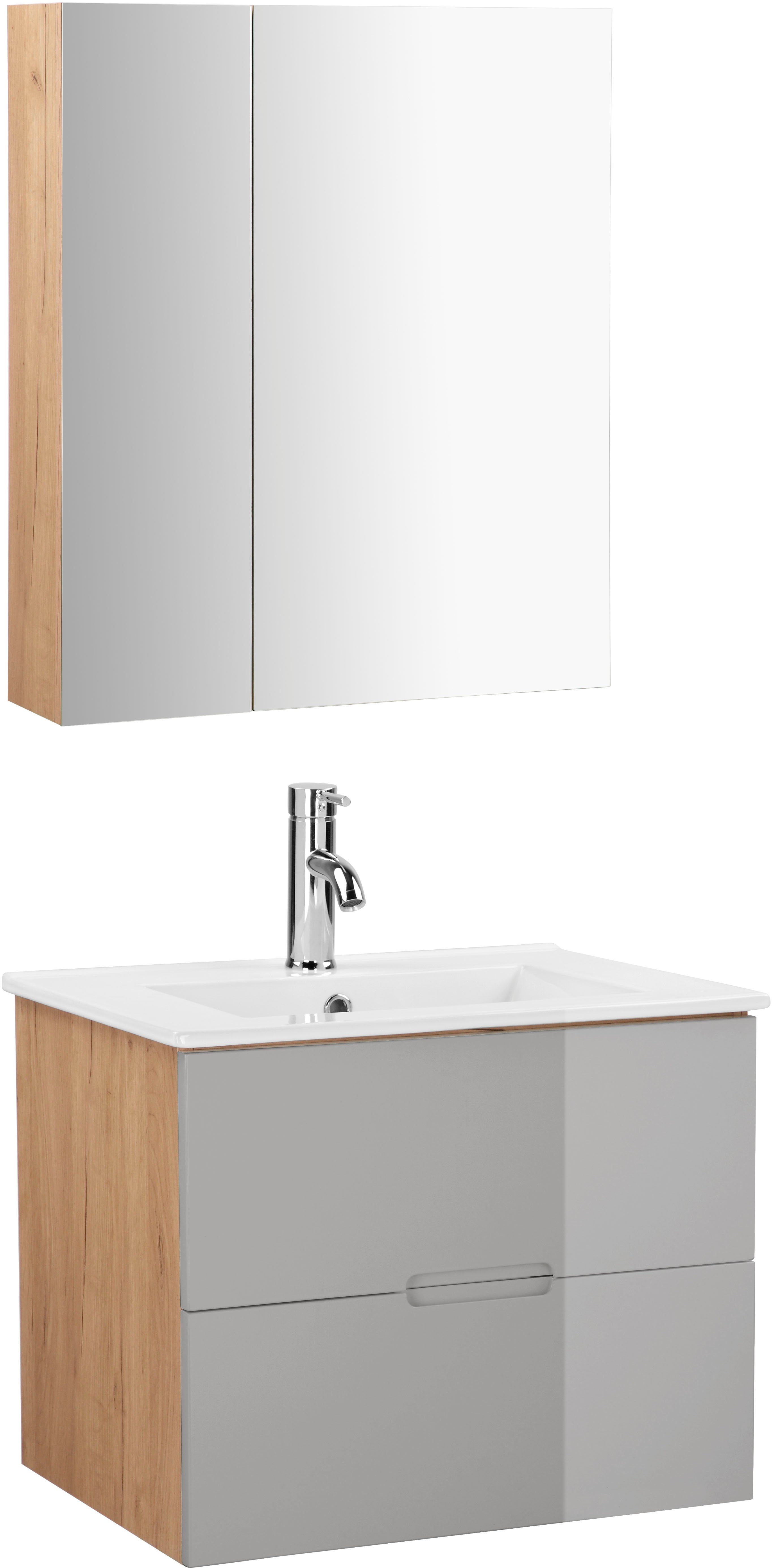 welltime Badkamerserie Lund badkamermeubelset badkamerkast badkamerset Spiegelkast, wastafelonderkast en wasbak breedte 60 cm (complete set)