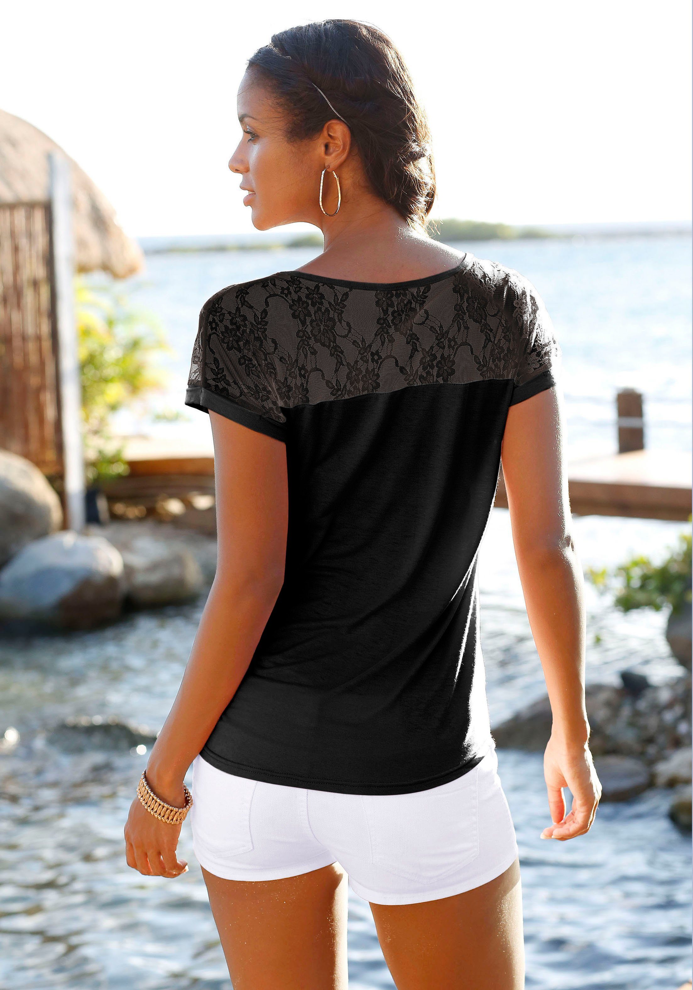 Lascana Strandshirt met kanten inzet, t-shirt, shirt met korte mouwen, elegant
