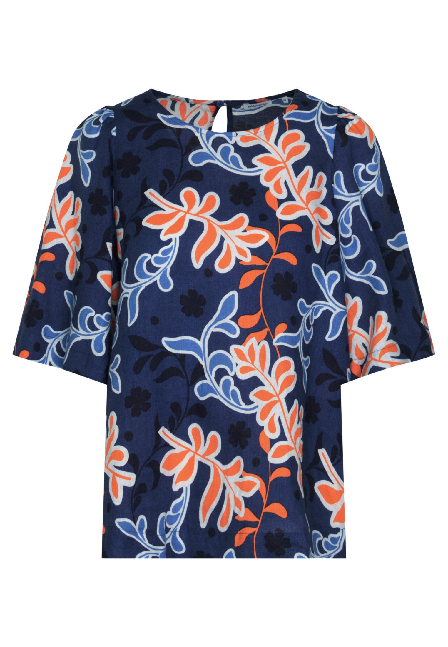 seidensticker Shirtblouse Zwarte roos Korte mouwen ronde hals print