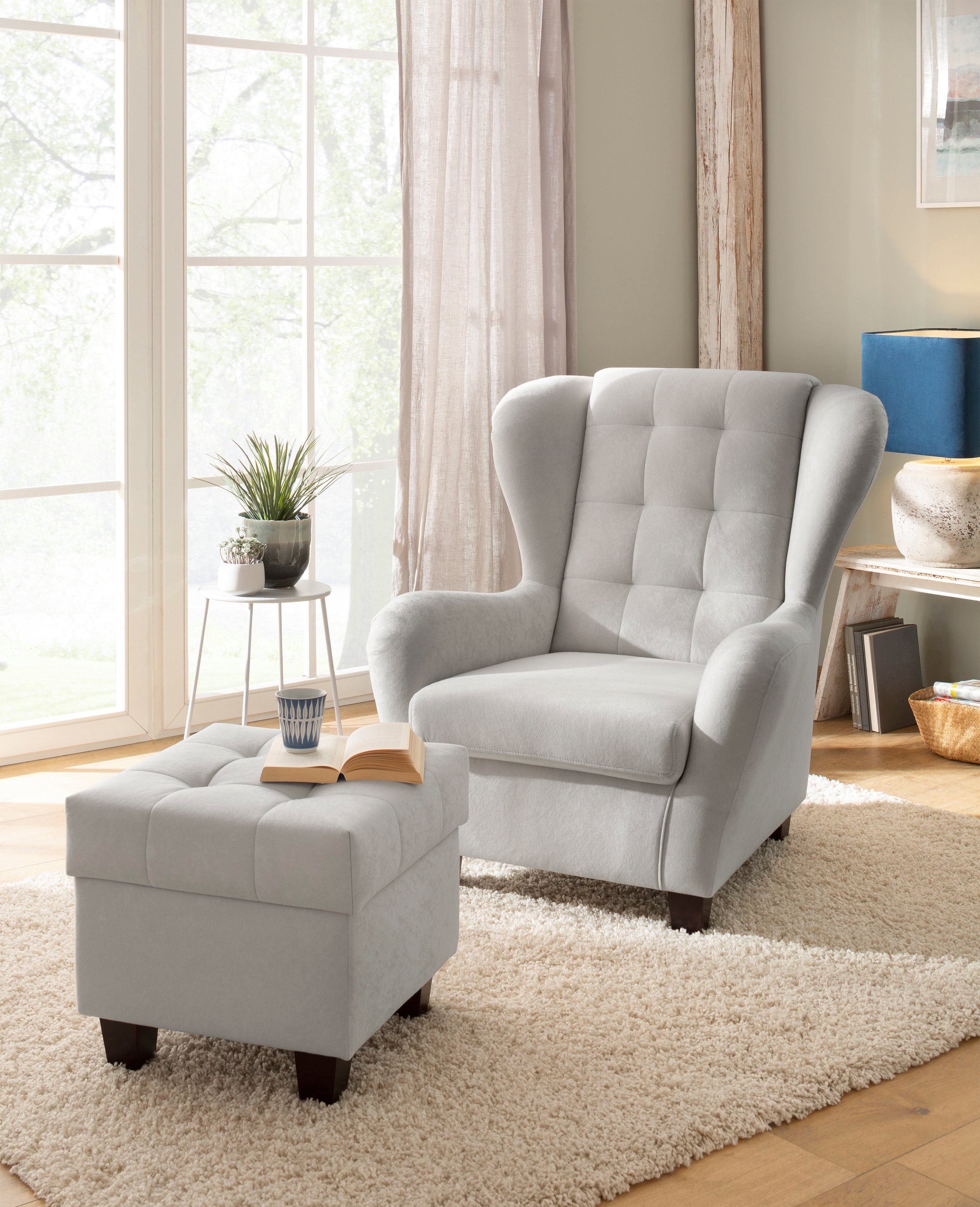 Home affaire Oorfauteuil Alexander incl. hocker, met stiksels, in vele kleuren (2 stuks) fauteuils maat Microvezel PRIMABELLE grijs