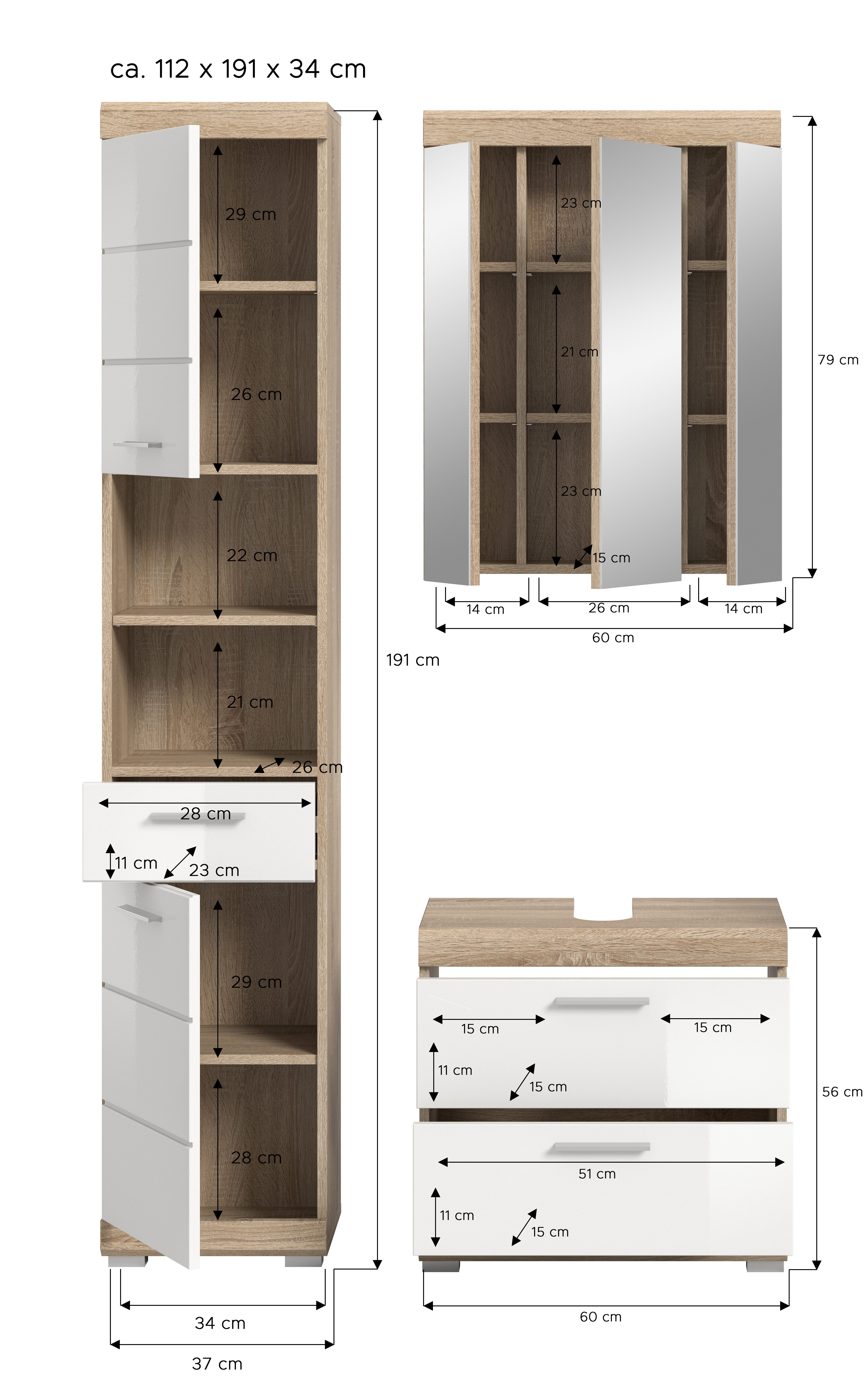 INOSIGN Badkamerserie Siena, 3-delig, bestaande uit: Hoge kast, wastafelonderkast, spiegelkast (set, 3-delig)