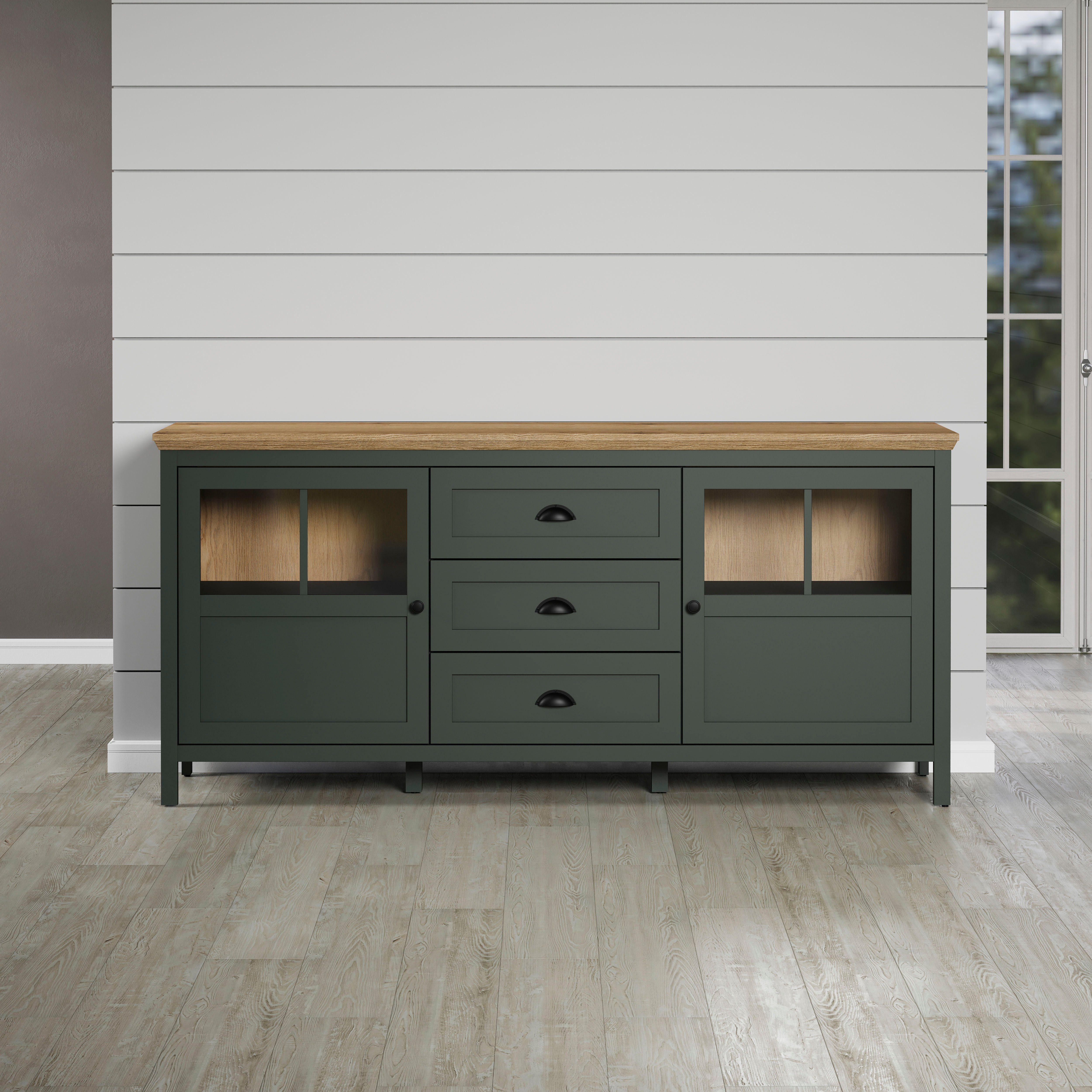 Home affaire Dressoir Vienna Commode in landhuisstijl met schelpenhandgrepen en glazen deuren dressoirs groen