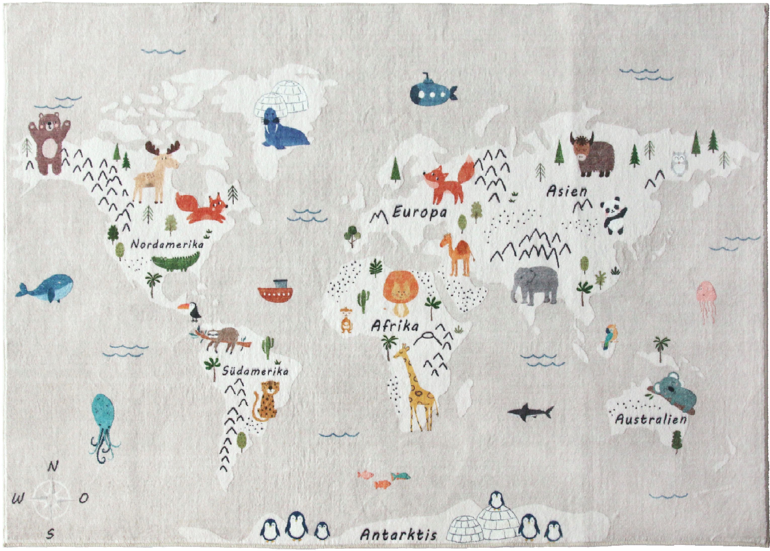 my home Kindervloerkleed Wereldkaart Dieren, zacht, modern ontwerp, kinderkamer, 2 kleurvarianten