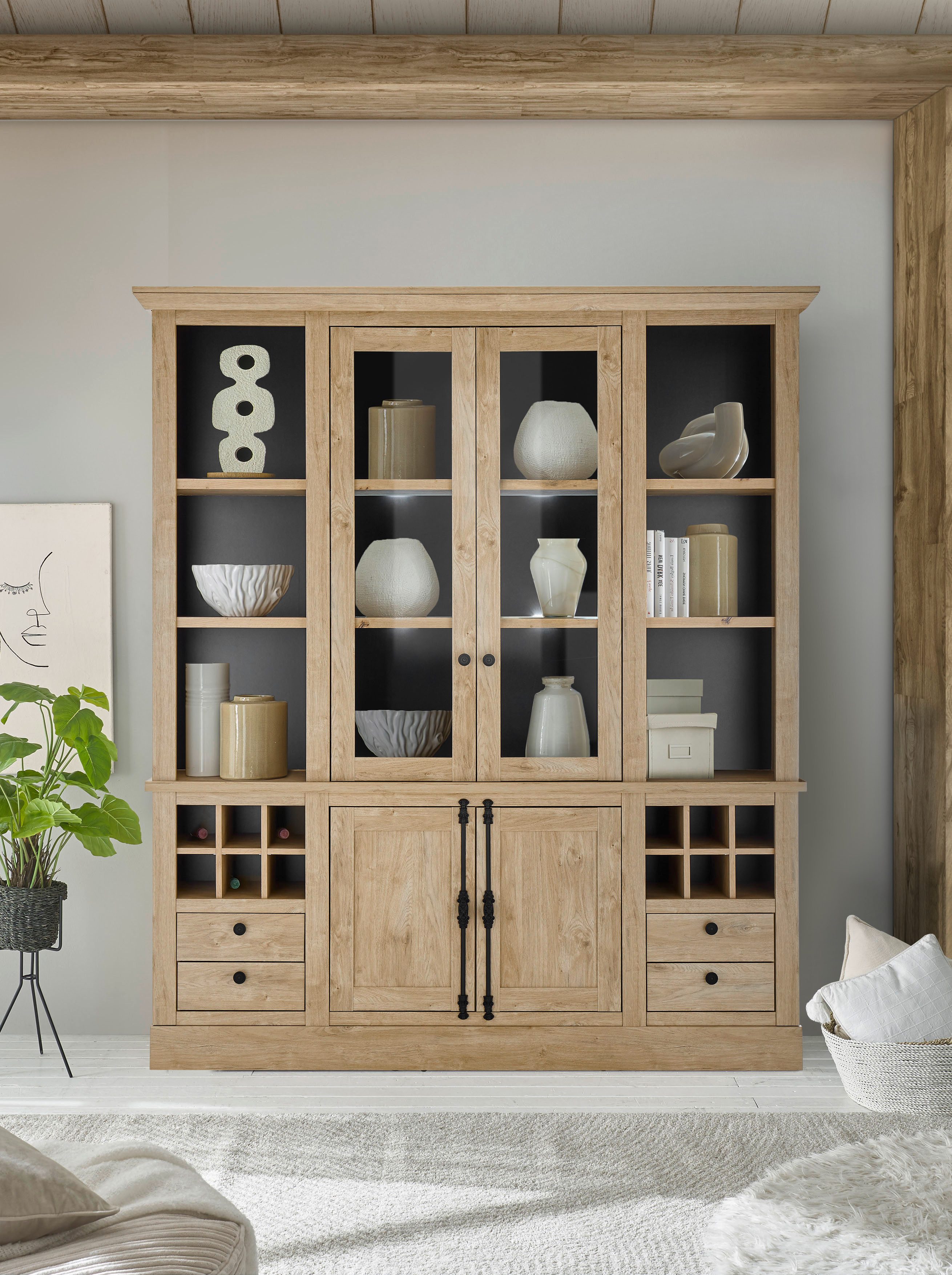 Home affaire Buffetkast Cornwall, keukenkast in landelijke stijl, dressoir, eiken decor Metalen handgrepen, 193 cm breed, veel opbergruimte, incl. flesindeling (1 stuk)