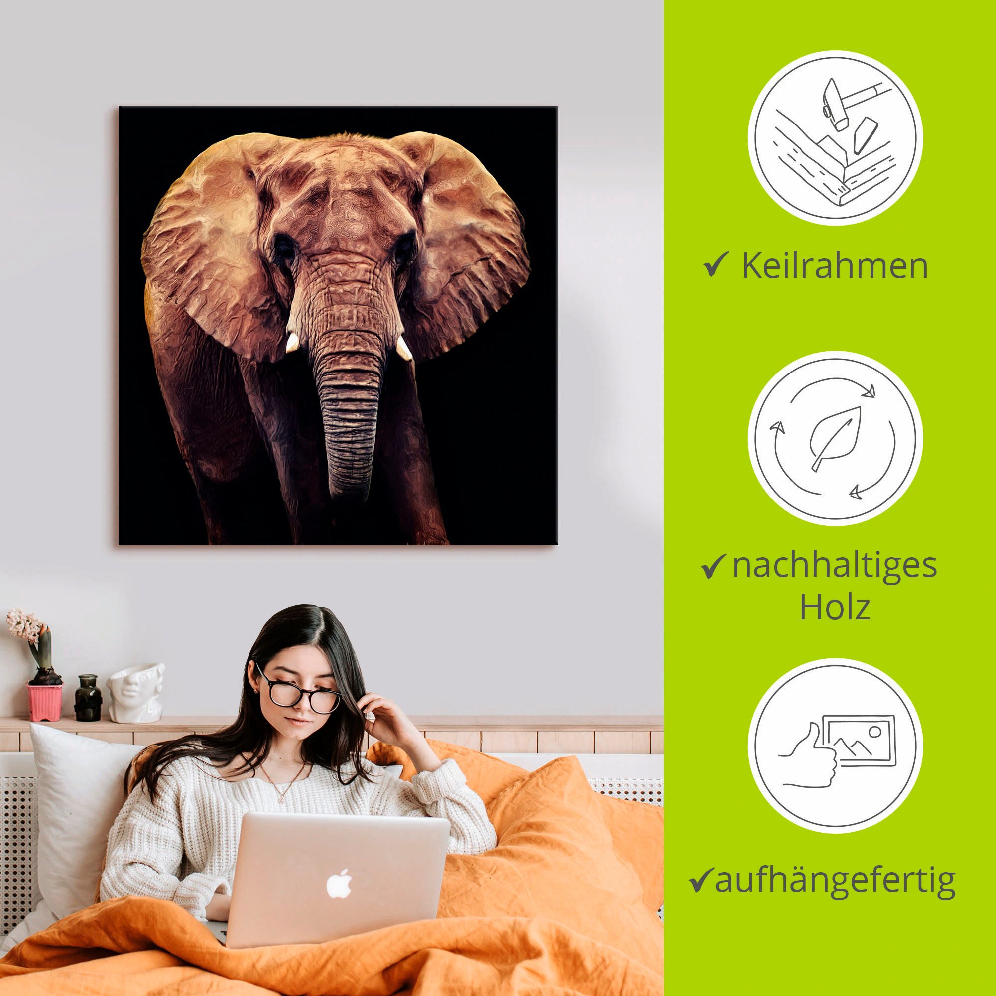 Artland Artprint op linnen Olifant gespannen op een spieraam