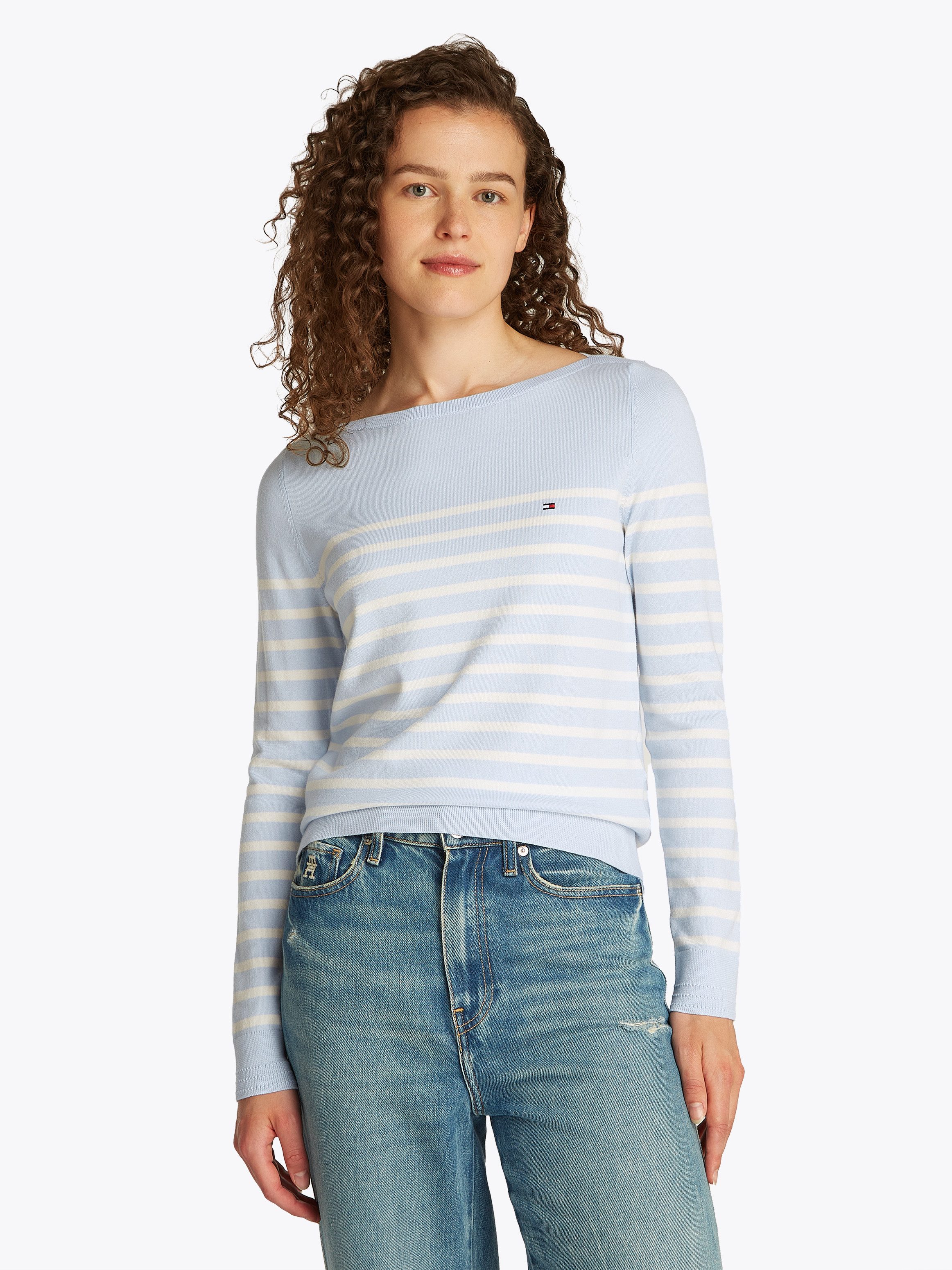 Tommy Hilfiger Gebreide trui CO JERSEY STITCH BOAT-NK SWEATER met -merklabel op de mouw