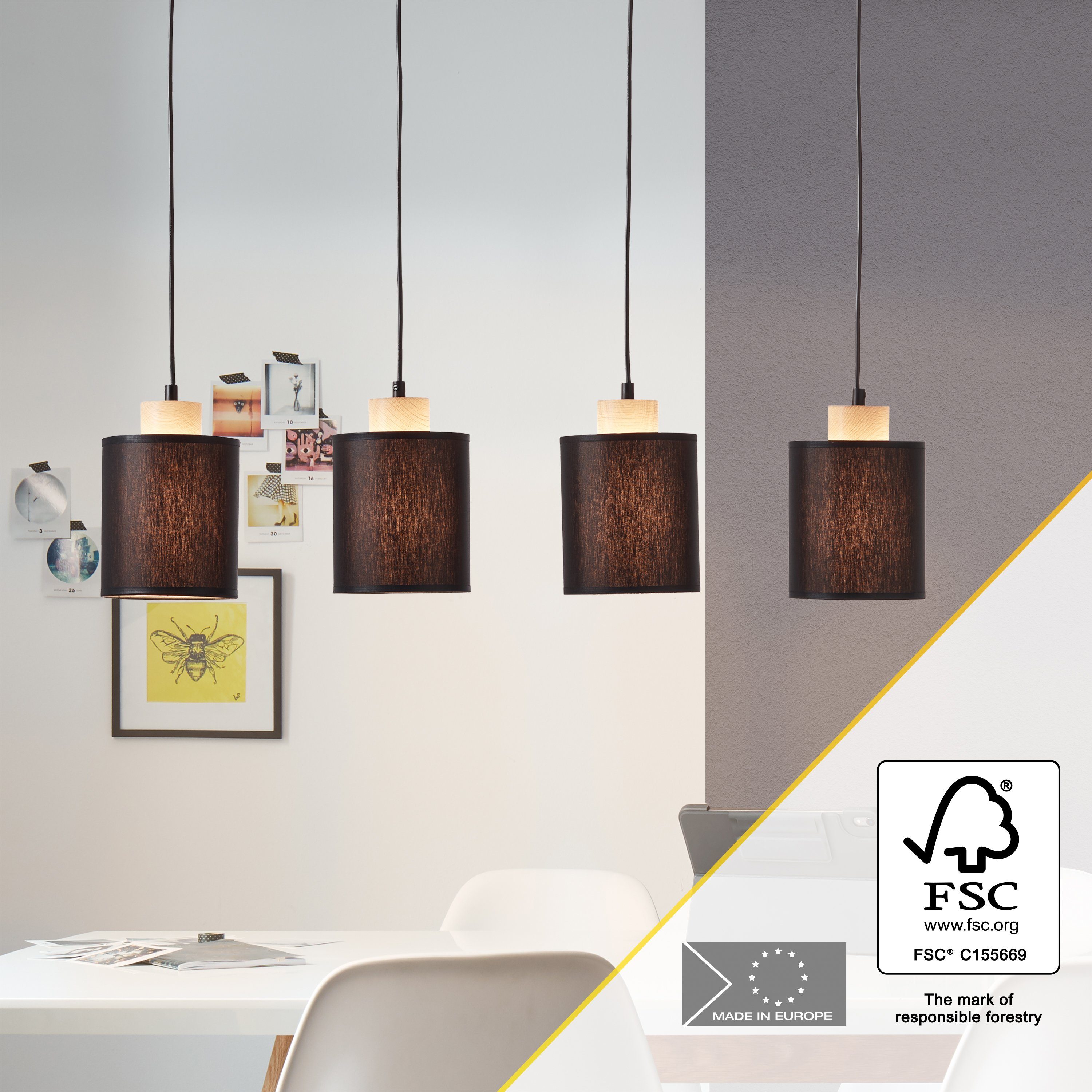 Brilliant Leuchten Hanglamp Vonnie Stoffen kappen, 111 cm hoogte, 80 cm breedte, 4 x E27, in te korten, zwart/hout (1 stuk)