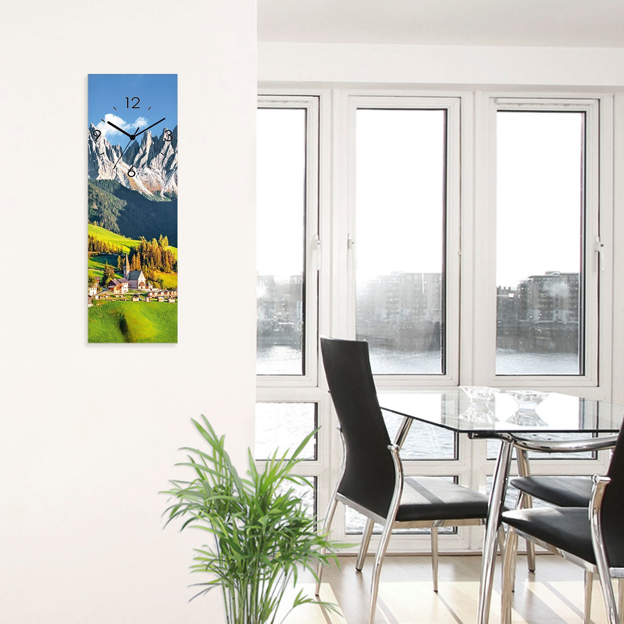 Artland Wandklok Glazen klok Alpen bergen Santa Maddalena optioneel verkrijgbaar met kwarts- of radiografisch uurwerk, geruisloos zonder tikkend geluid