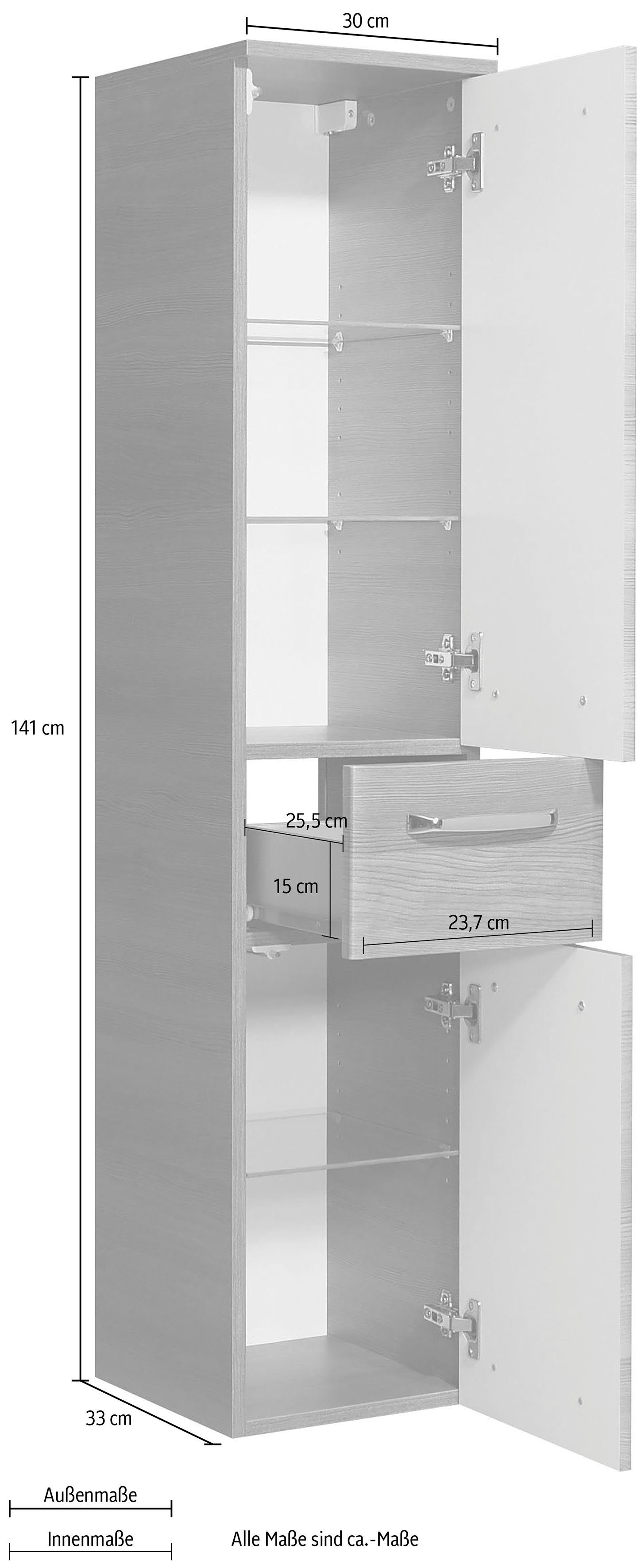 Saphir Halfhoge kast Quickset badkamermeubel 30 cm breed, 2 deuren, 1 lade, 3 planken Badkamer-halfhoge kast inclusief deurdemper, grepen in glanzend chroom