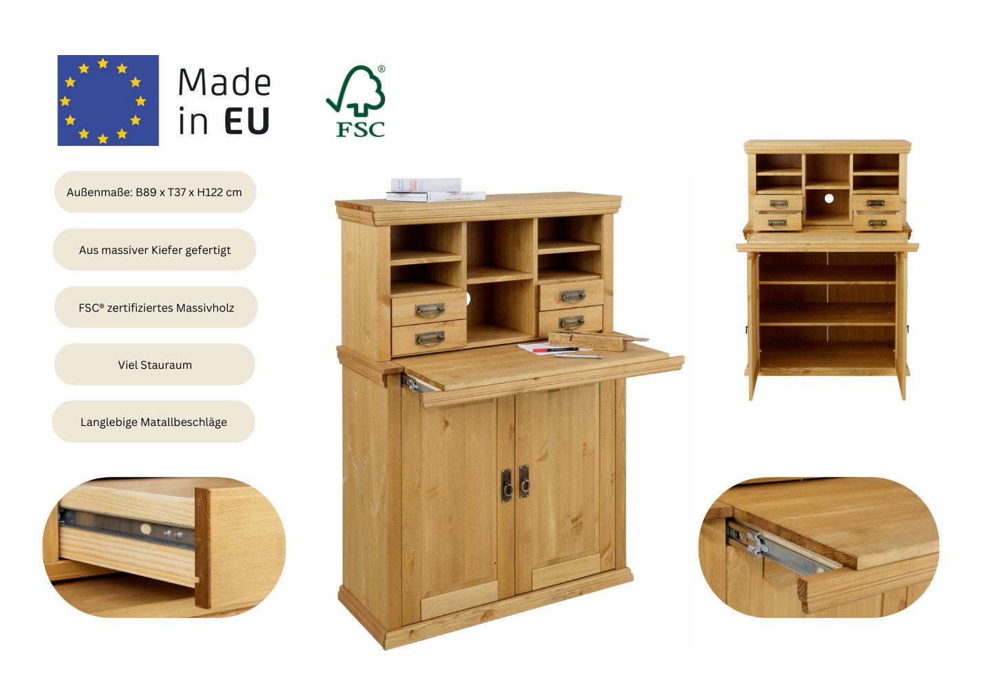 Home affaire Secretaire Konrad Bureau van massief hout, met veel opbergruimte, B89 x H122 cm