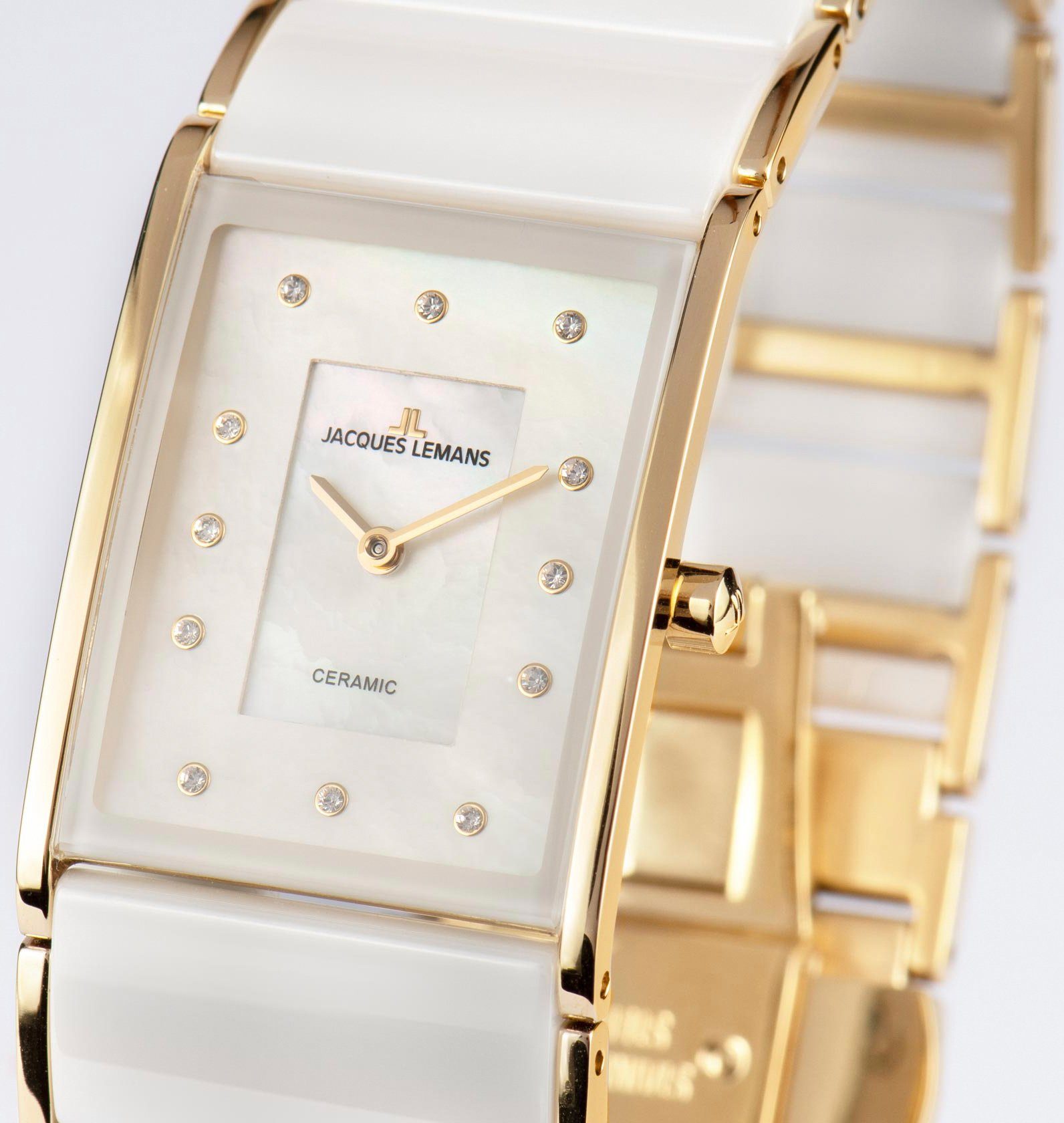 Jacques Lemans Keramisch horloge Dublin, 1-1940K Quartz horloge, armbanduhr, dameshorloge, parelmoer wijzerplaat, keramische band