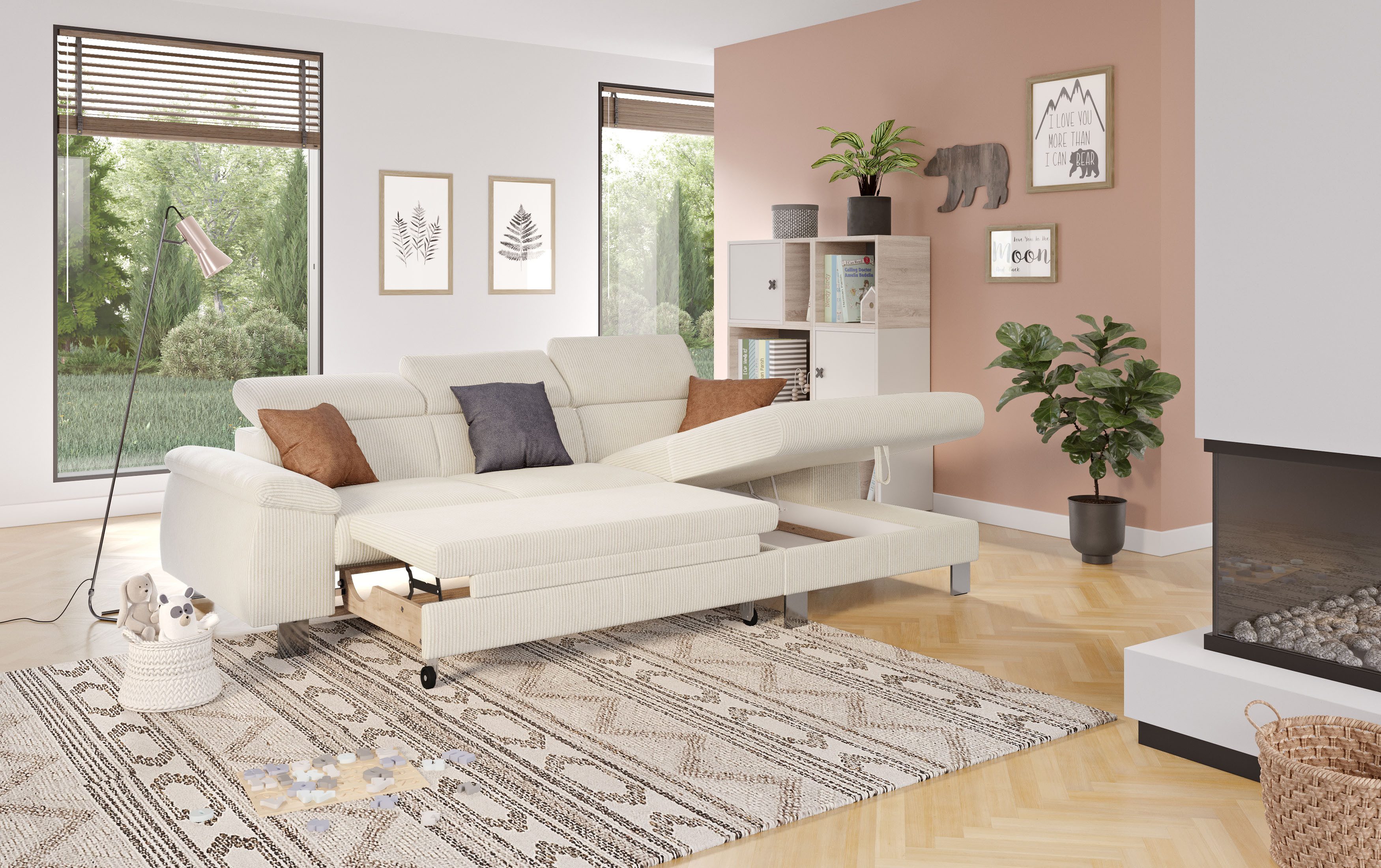 COTTA Hoekbank Komaris L-vorm, B: 244 cm met hoofdverstelling, optioneel bedfunctie, bedlade & licht